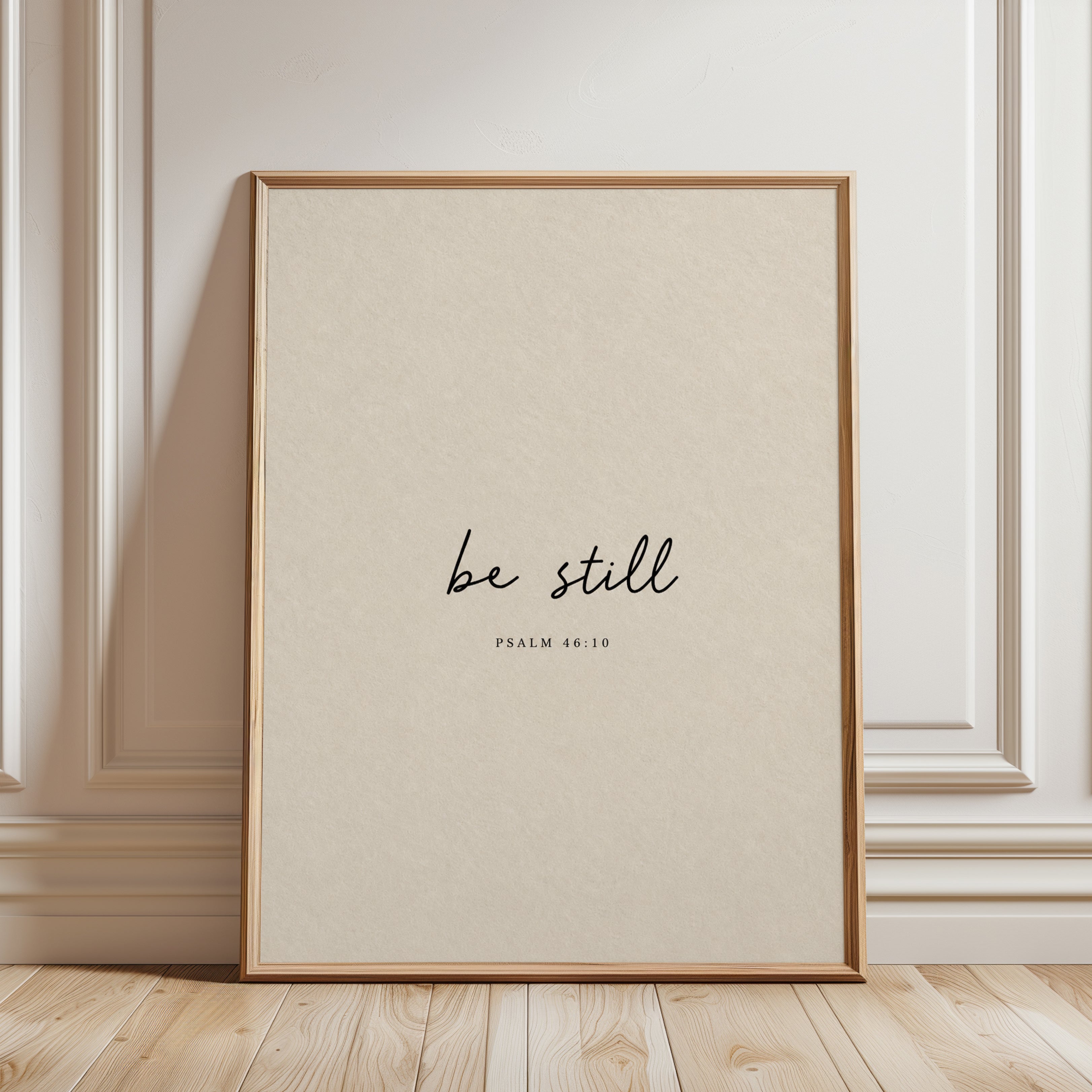 Be Still Wall Art: Psalm 46:10 Minimalist Typography Print - framed detail
