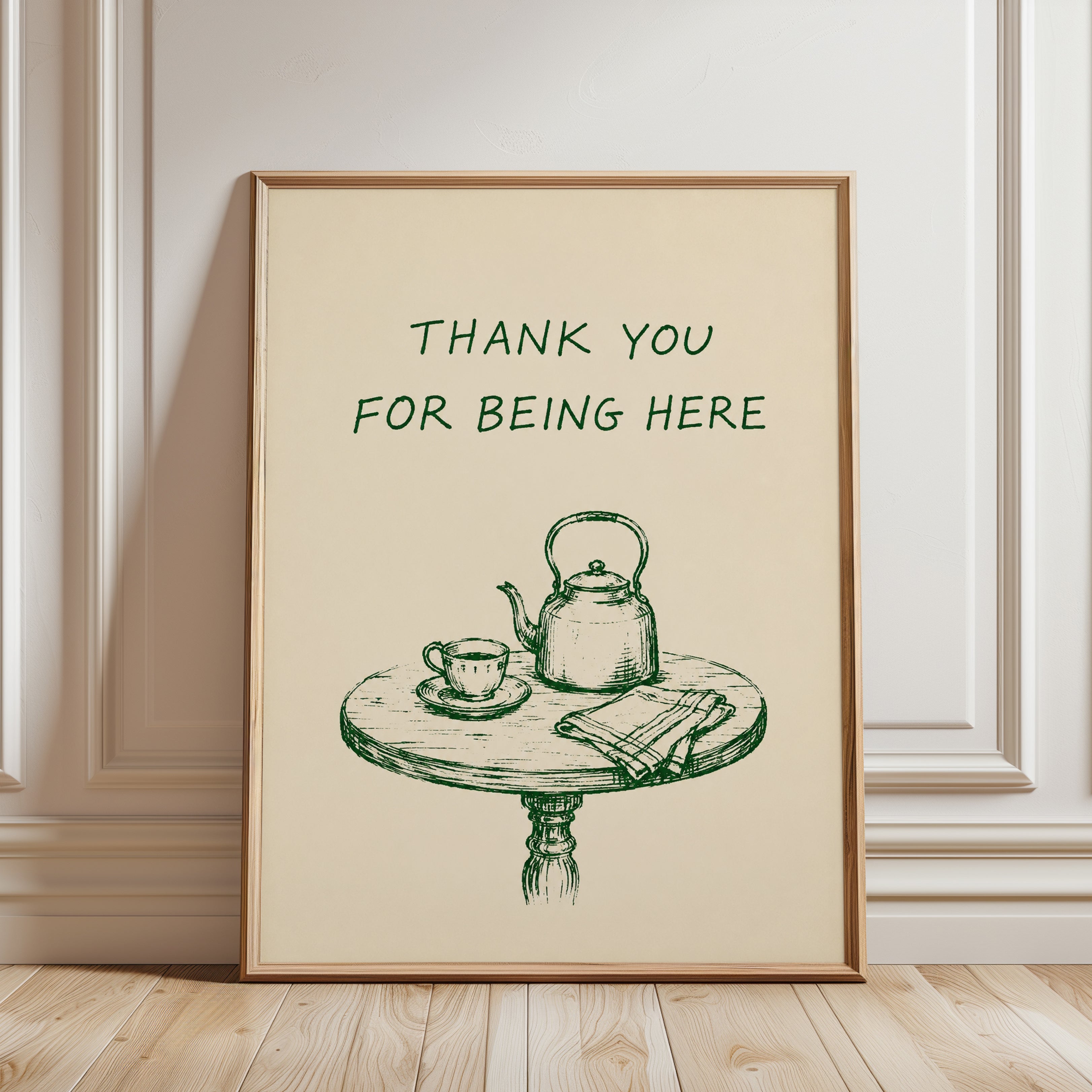 Thank You Tea Set Print: Vintage Green Line Art on Cream - framed detail