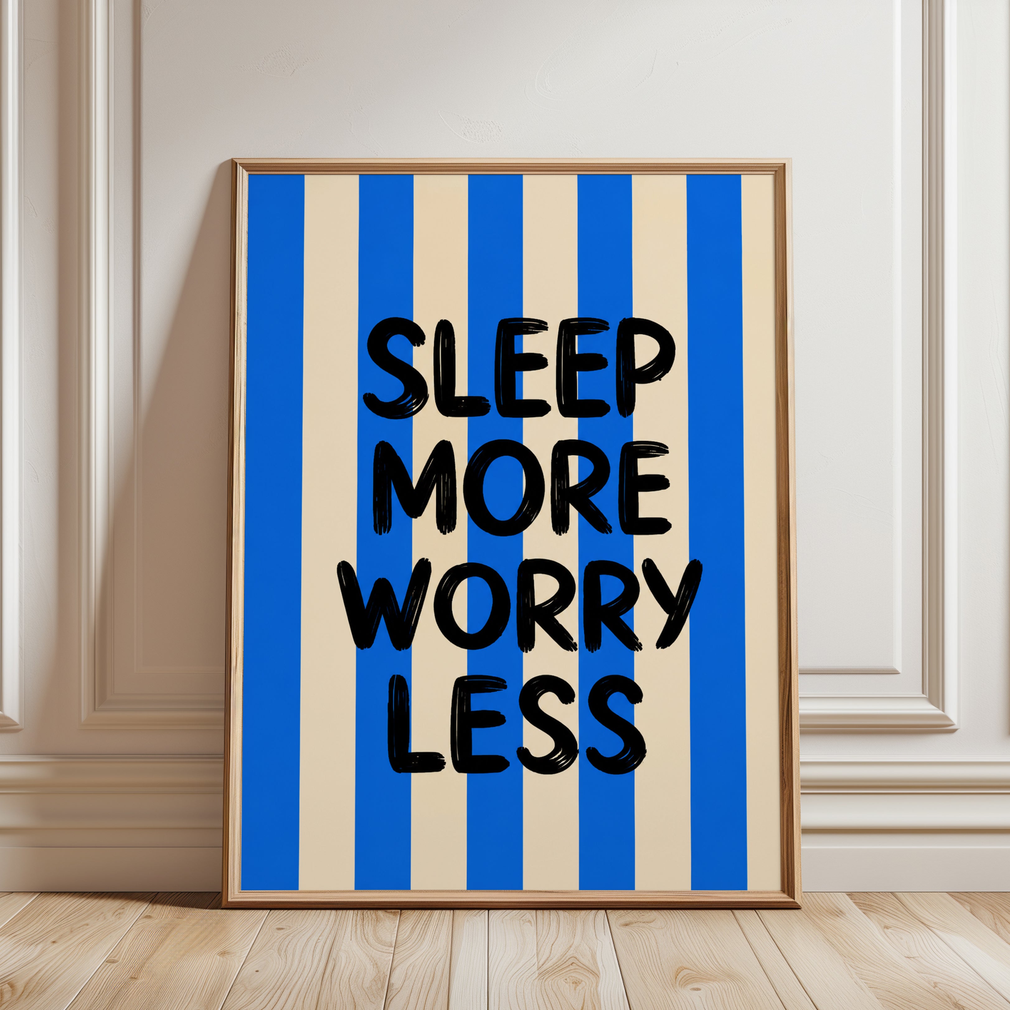 Sleep More Worry Less Print: Motivational Bedroom Art - framed detail