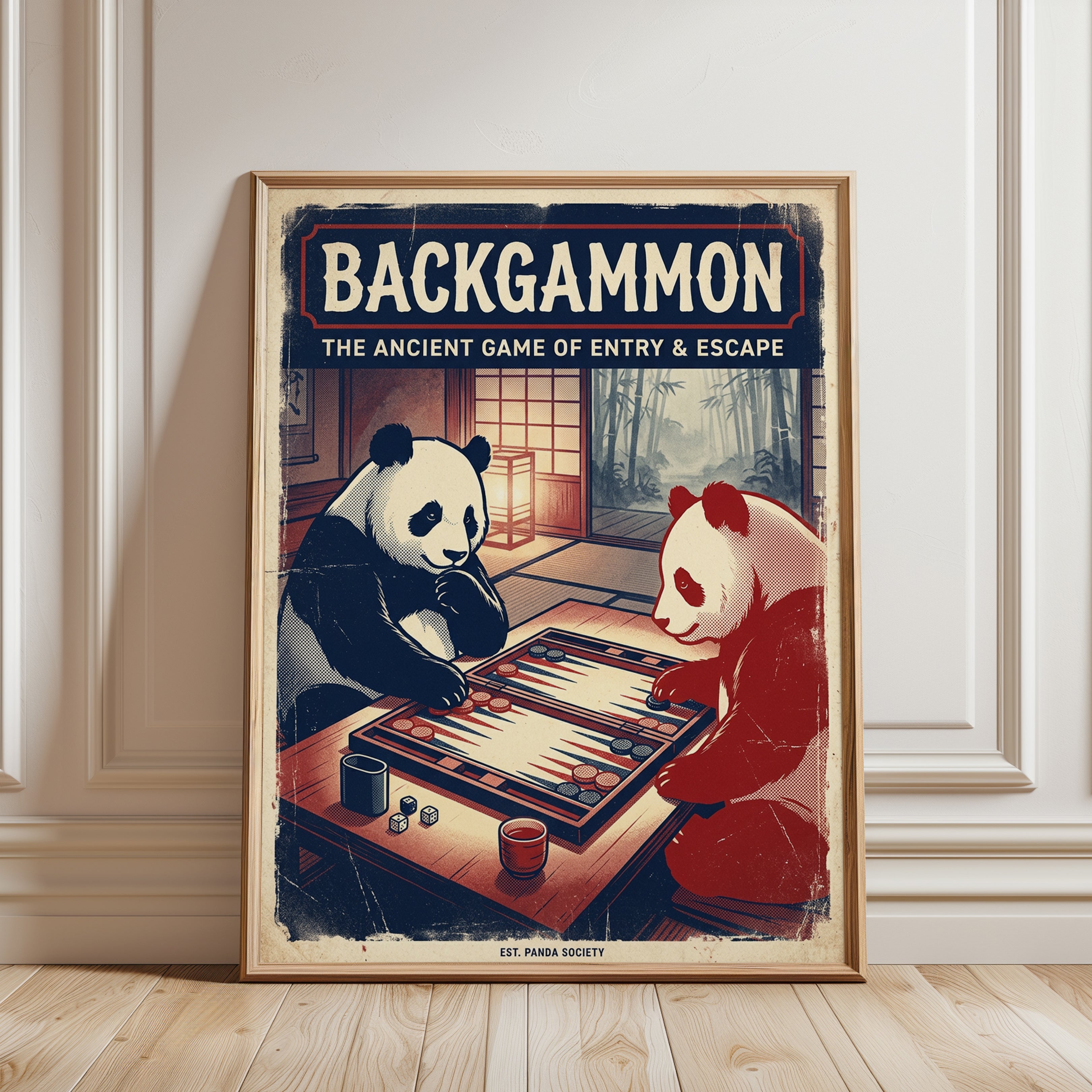 Backgammon Pandas Poster: Vintage Japanese Game Room Art Print - framed detail