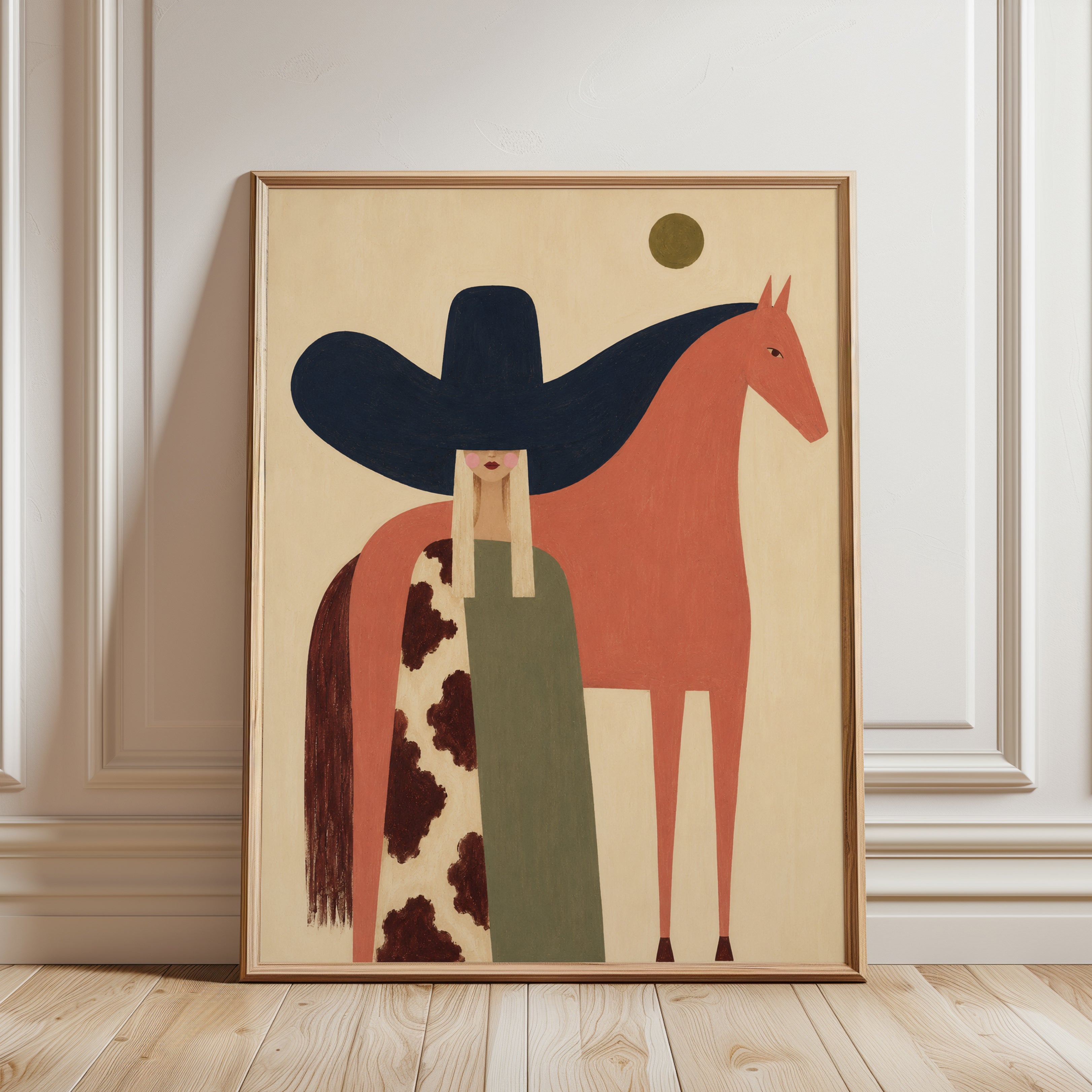Western Cowboy Wall Art – Folk Art Horse Print - framed detail