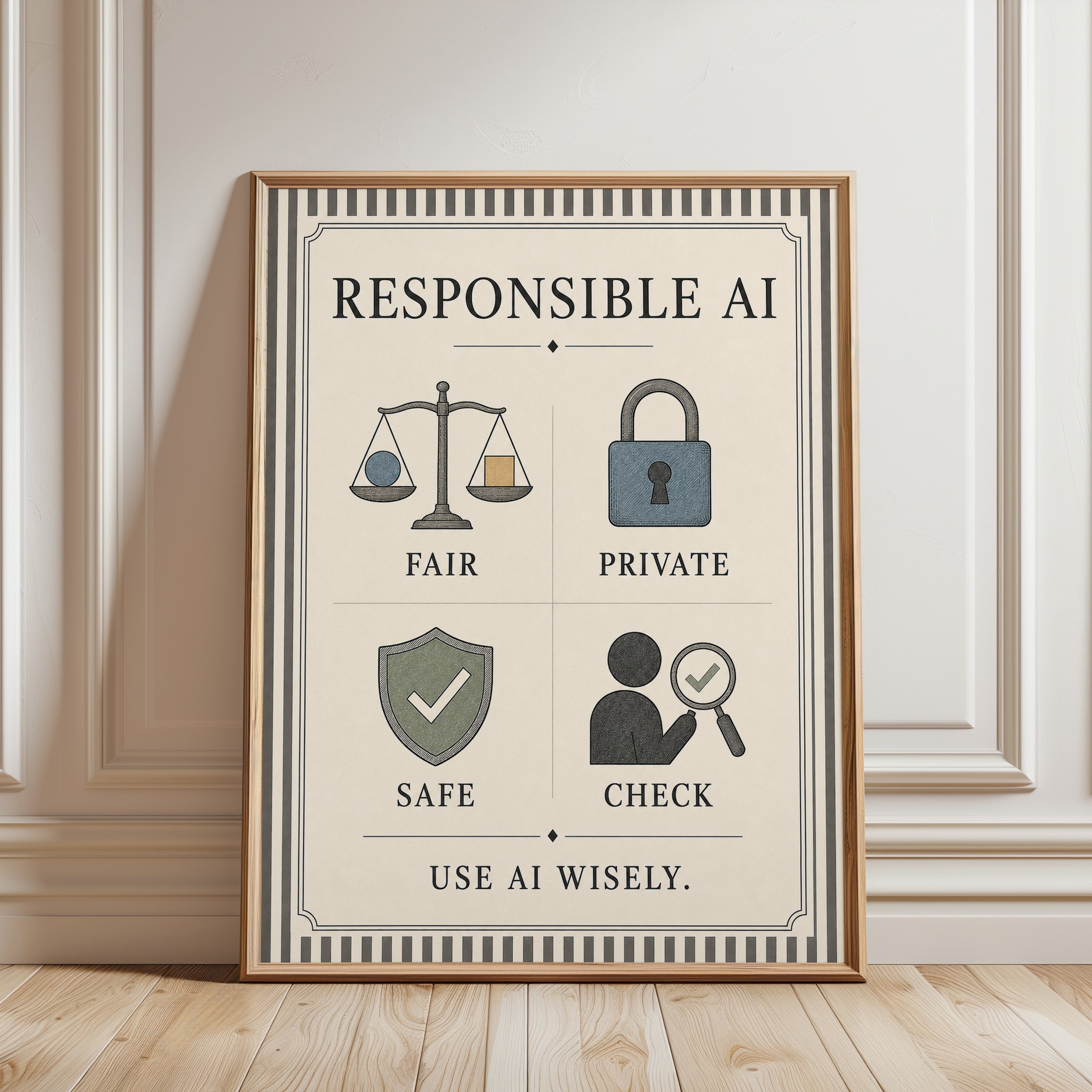 Responsible AI Poster: Vintage Educational Infographic Wall Art - framed detail