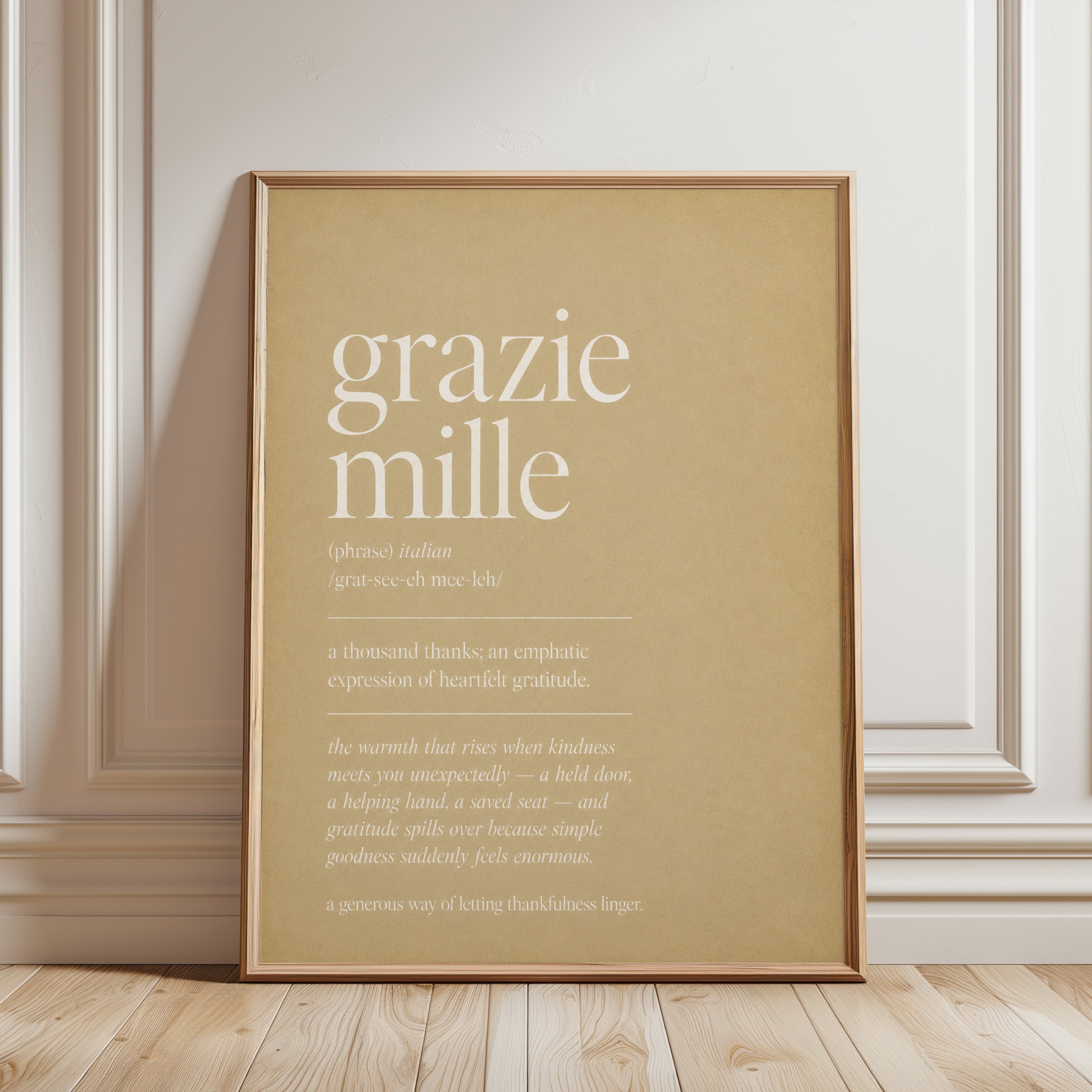 Italian Typography Print: Grazie Mille Phrase (Kitchen Decor) - framed detail