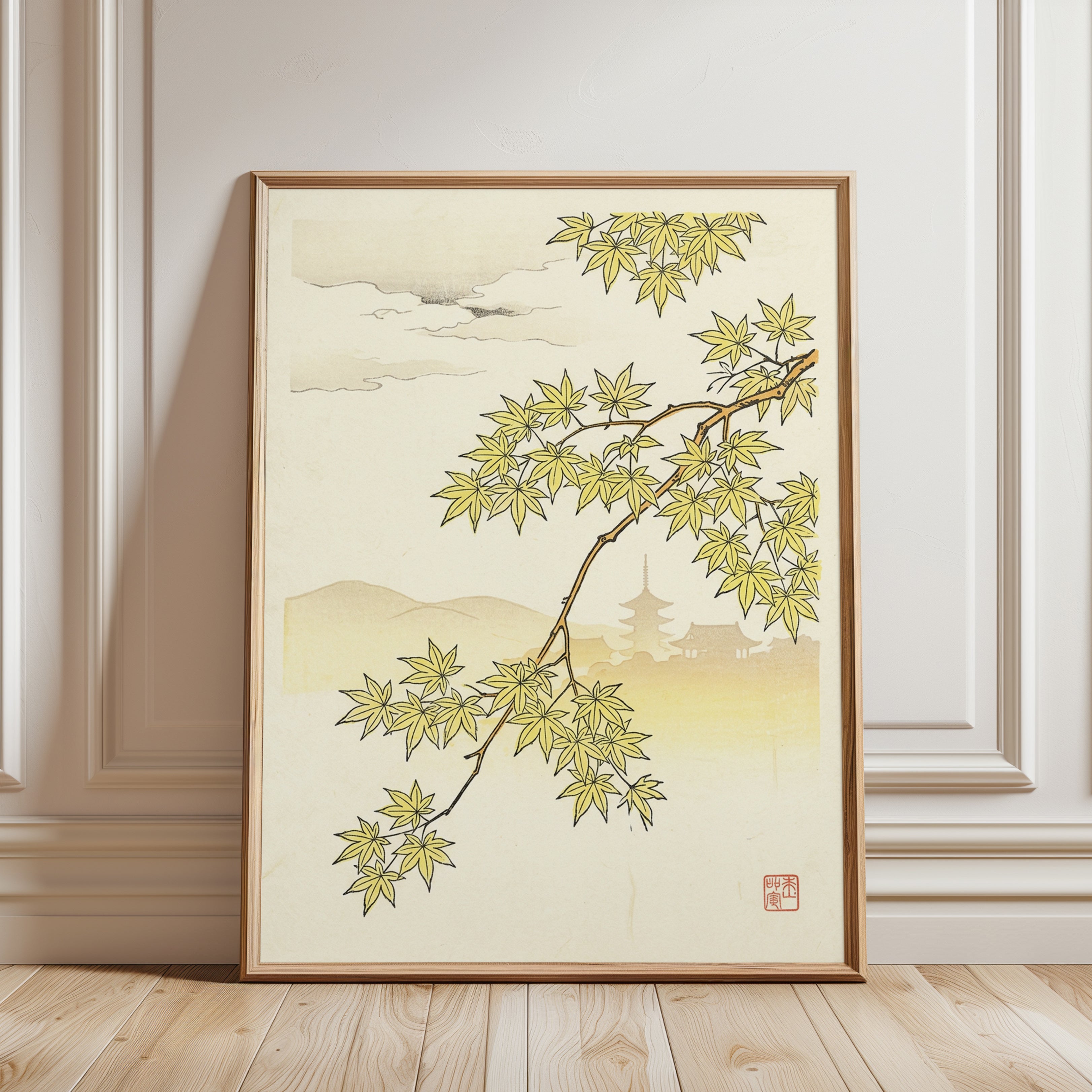 Japanese Maple Branch Art Print: Traditional Yellow Botanical Design - framed detail