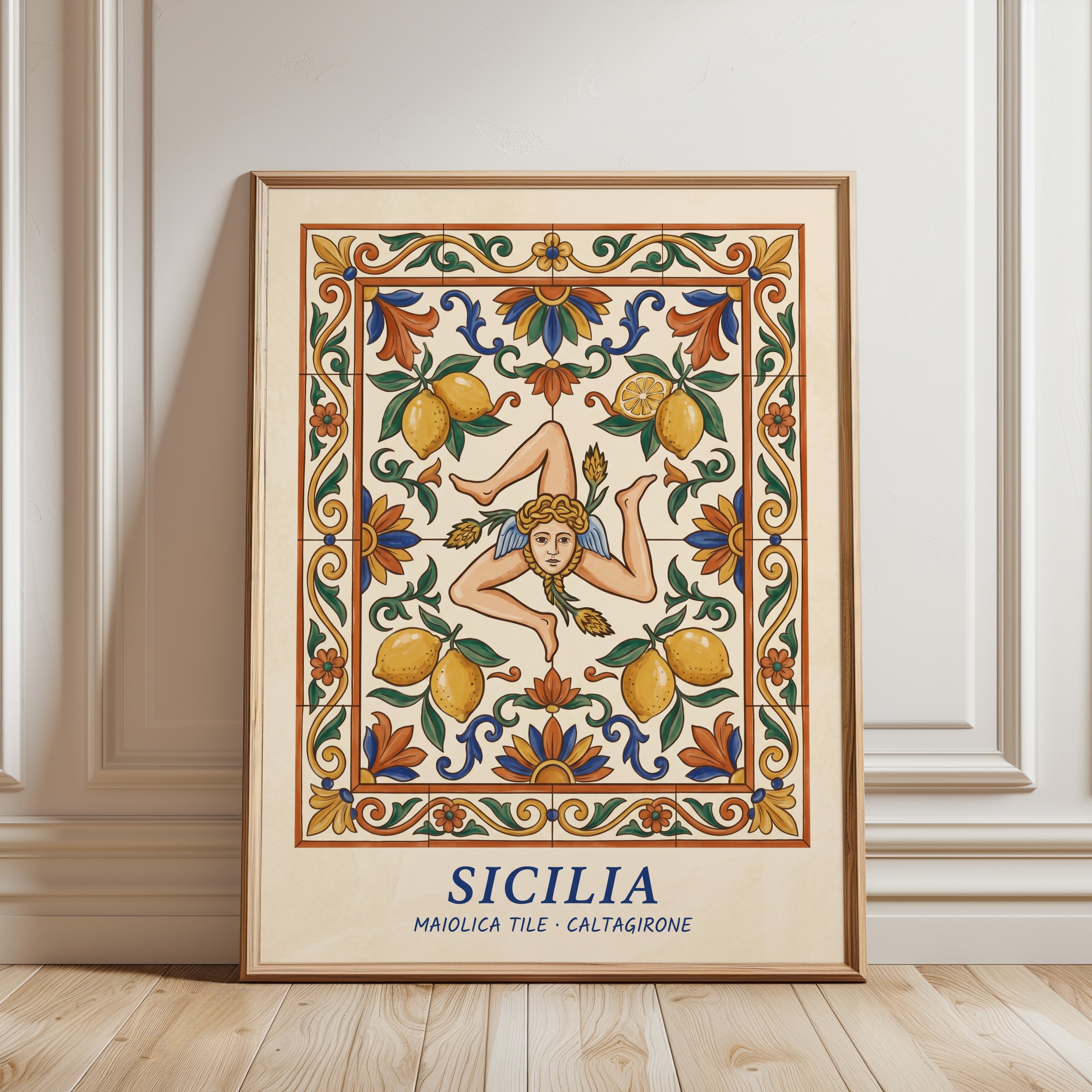 Sicilian Ceramic Tile Wall Art Print — Mediterranean Folk Design - framed detail