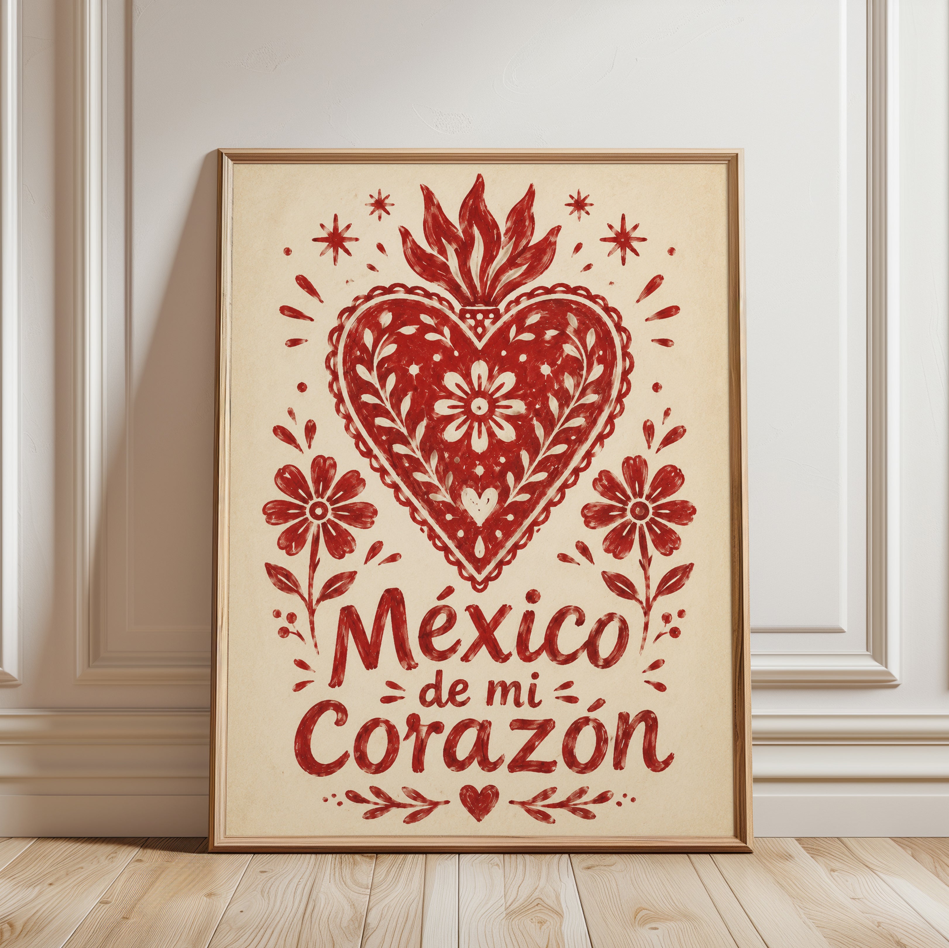Mexican Folk Art Heart Print: Red Sacred Heart with Flowers - framed detail
