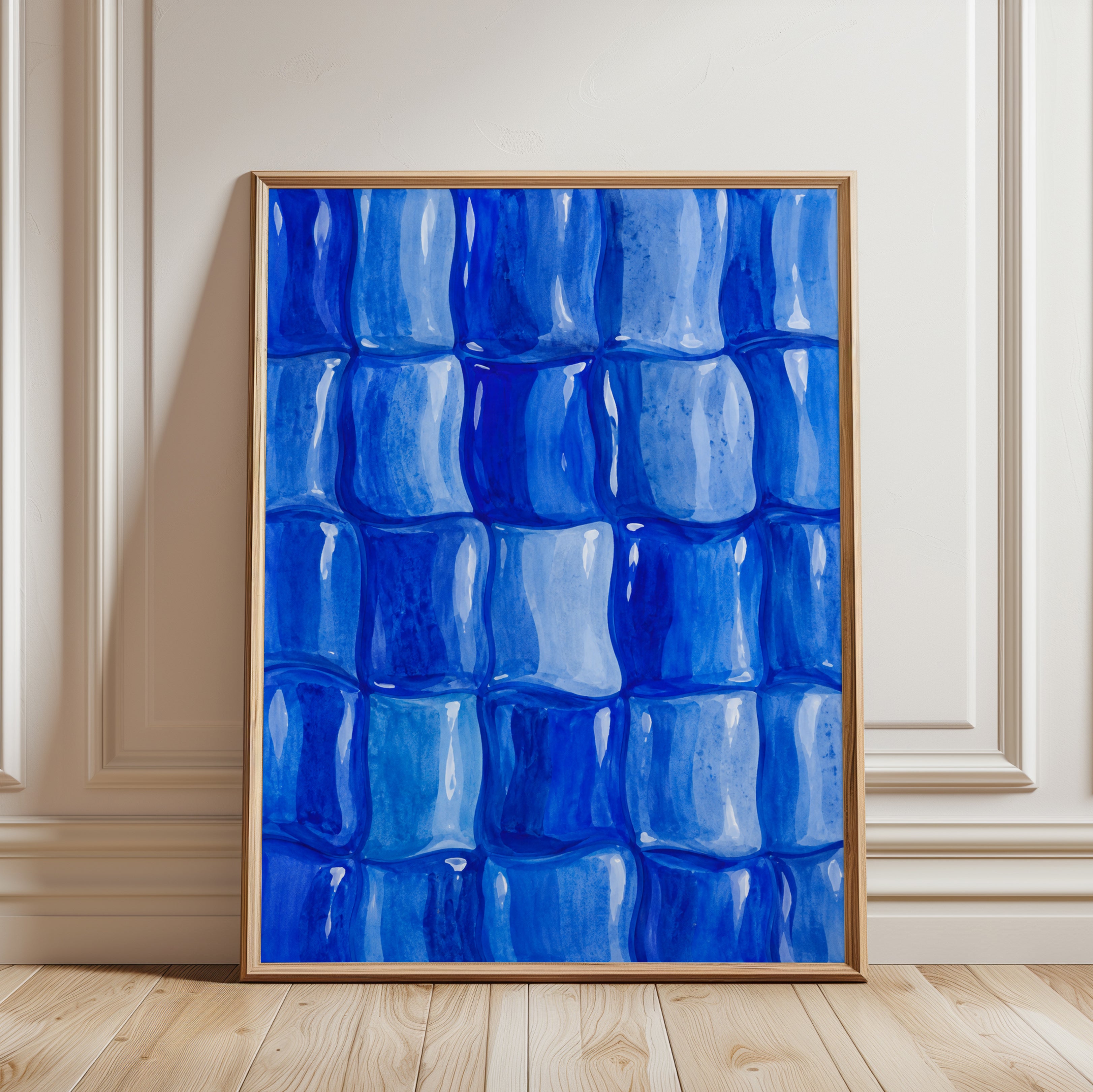 Blue Tile Wall Art – Abstract Geometric Print - framed detail