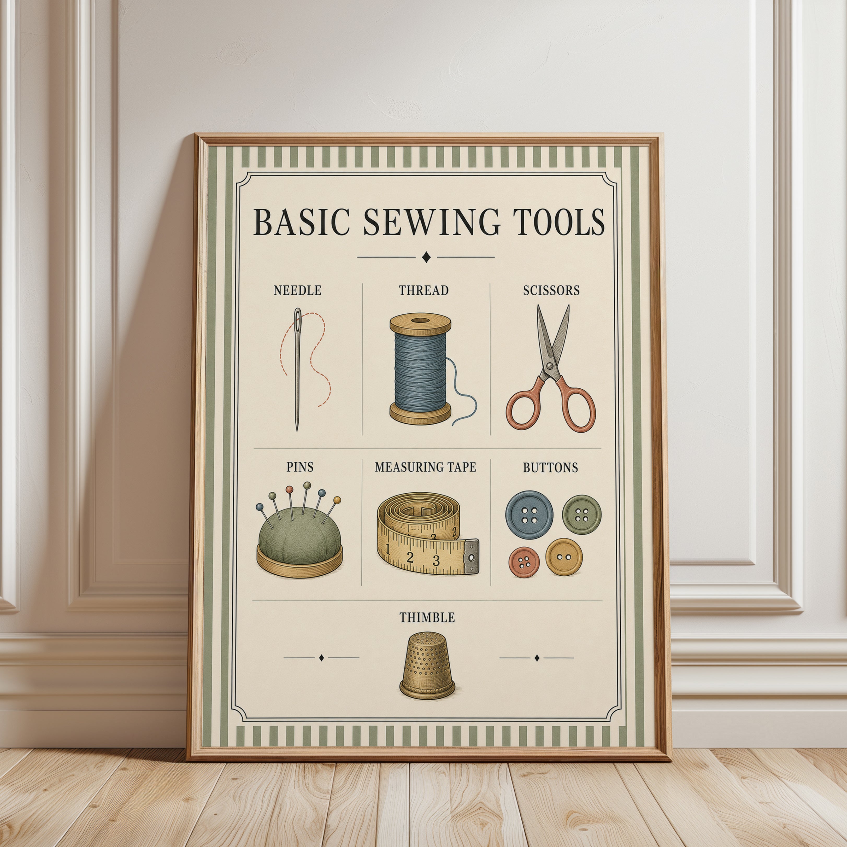 Vintage Sewing Tools Print – Craft Room Wall Art - framed detail