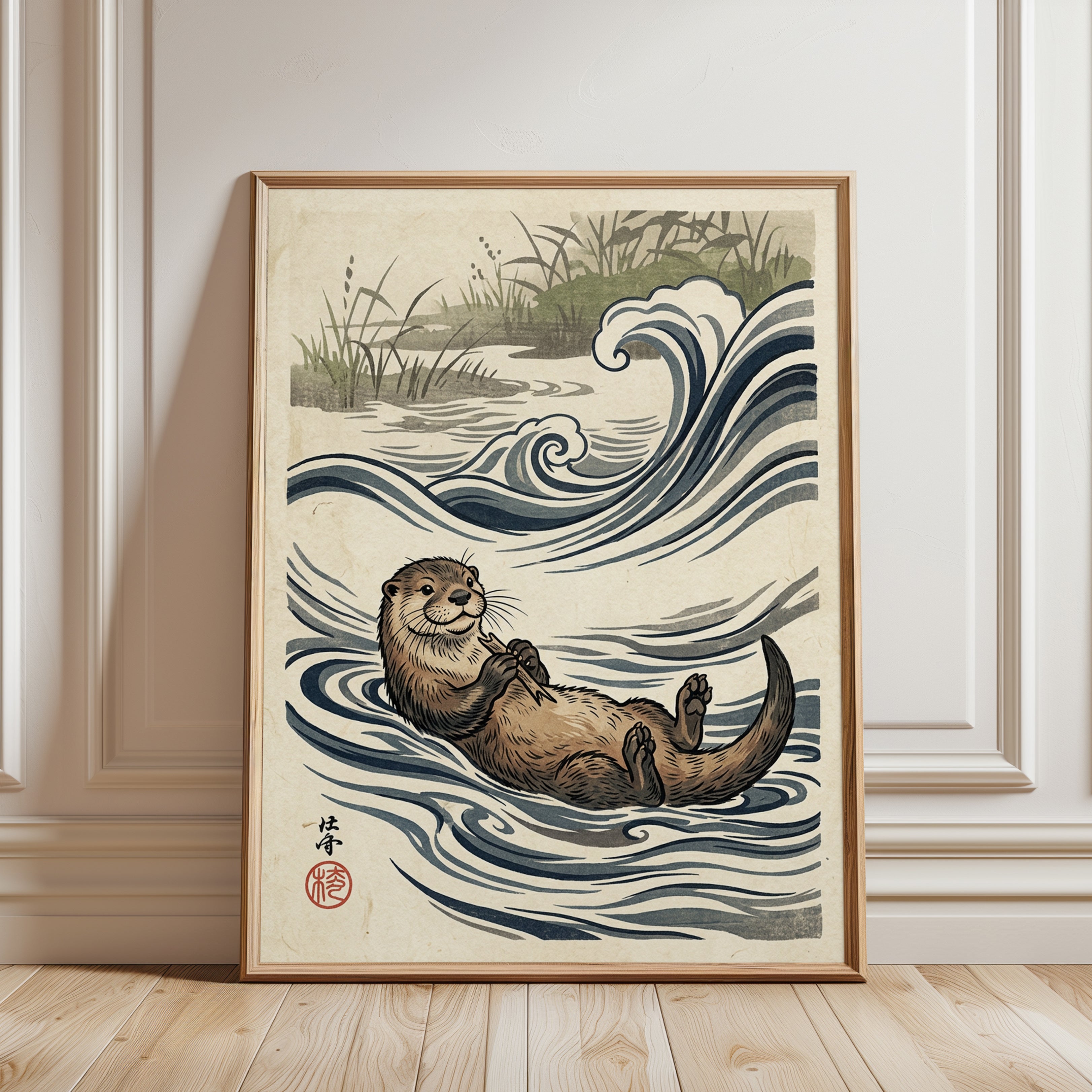Otter in Waves Art Print: Japanese Woodblock Style Wildlife - framed detail