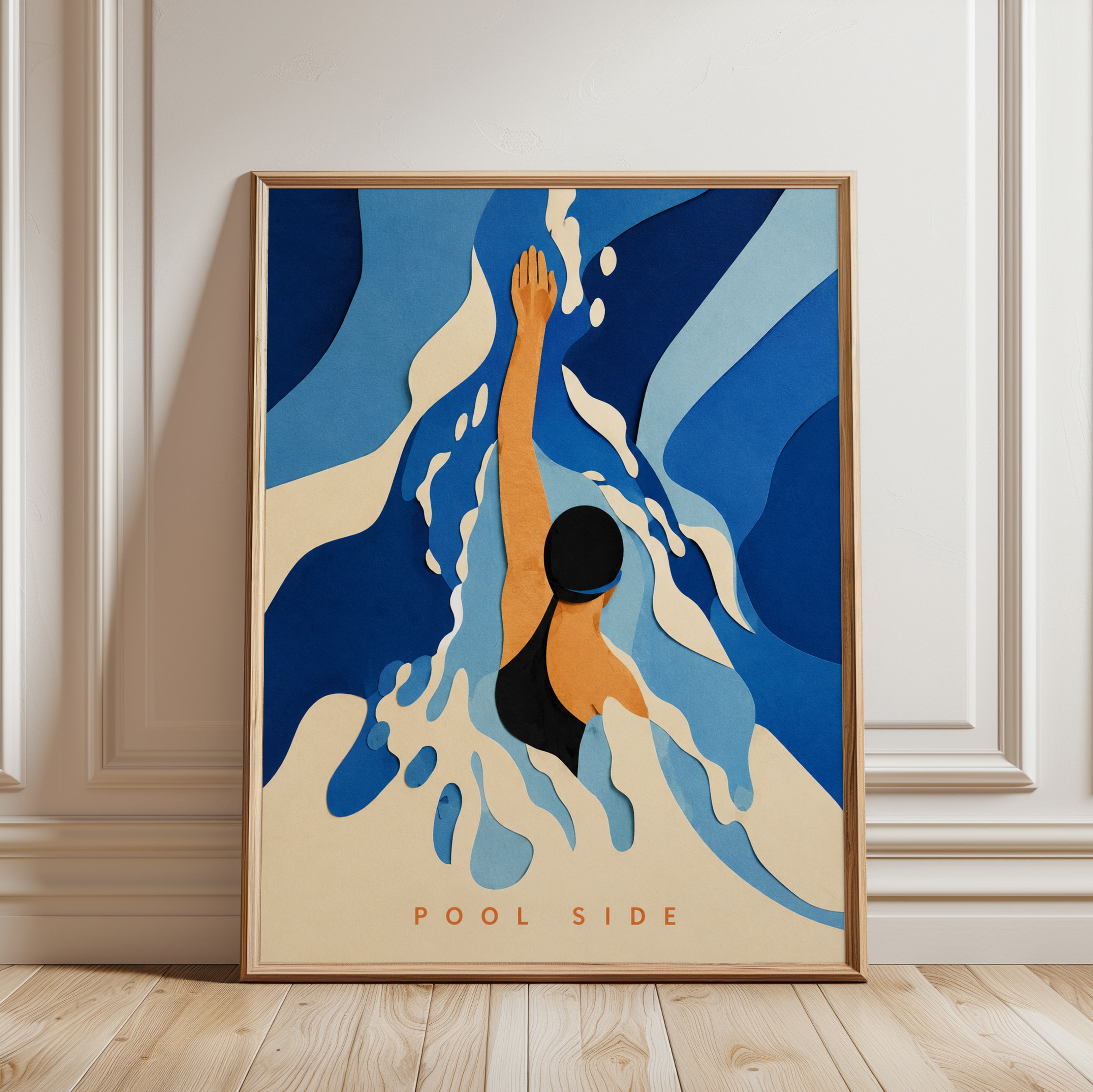 Pool Side Swimmer Art Print: Mid Century Modern Blue Abstract - framed detail