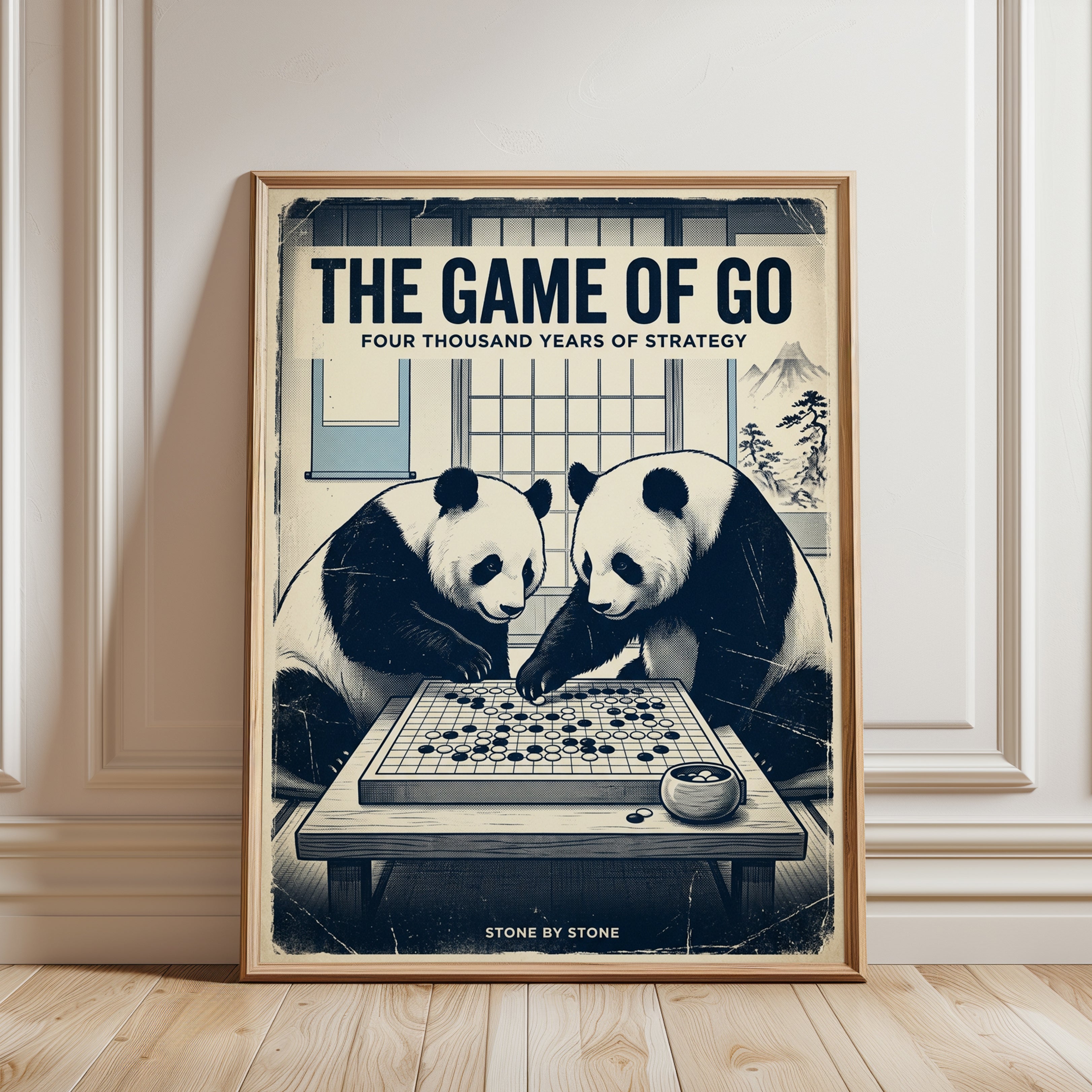 Pandas Playing Go Print: Vintage Japanese Style Board Game Art - framed detail