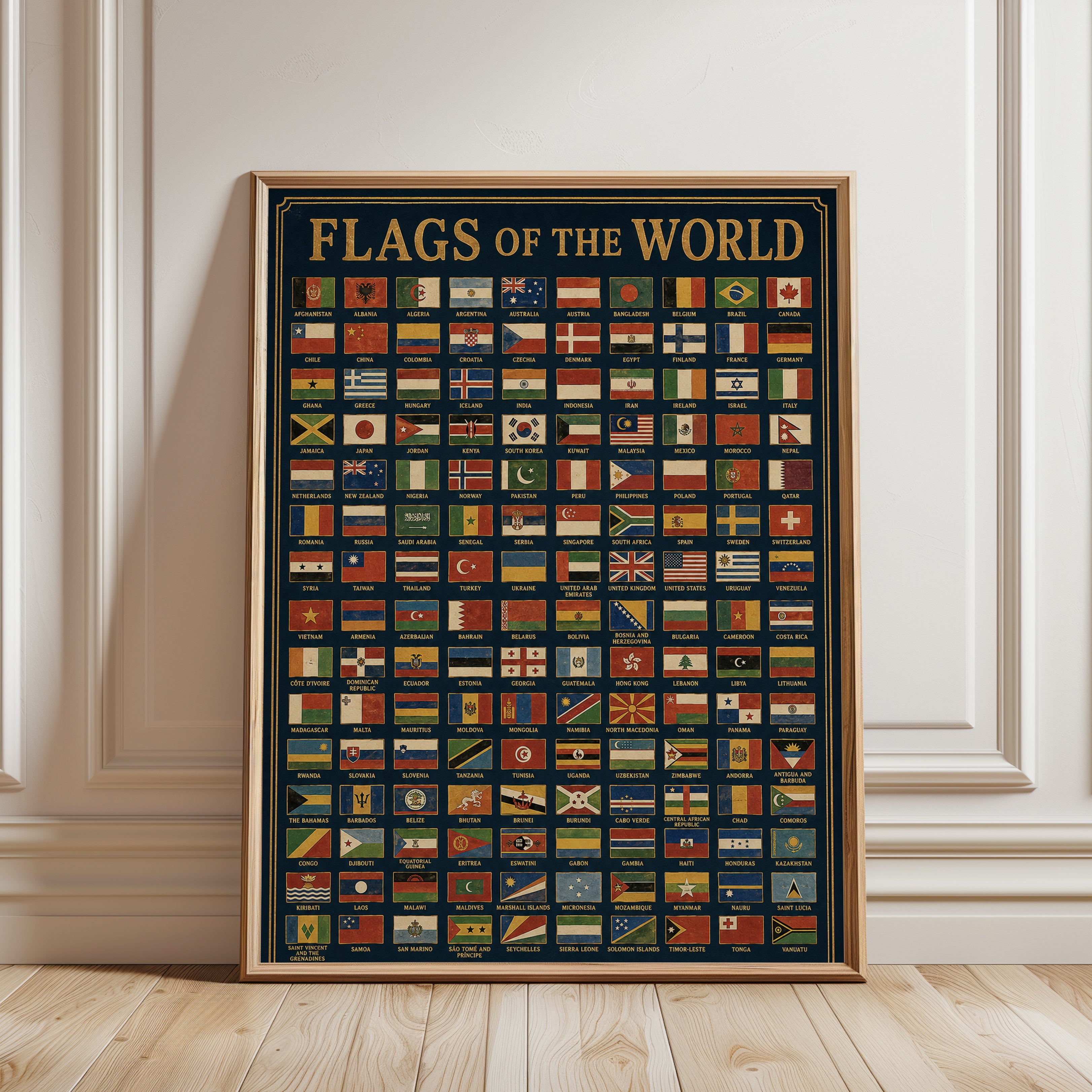 Flags of the World Chart: Vintage Educational Reference Poster - framed detail