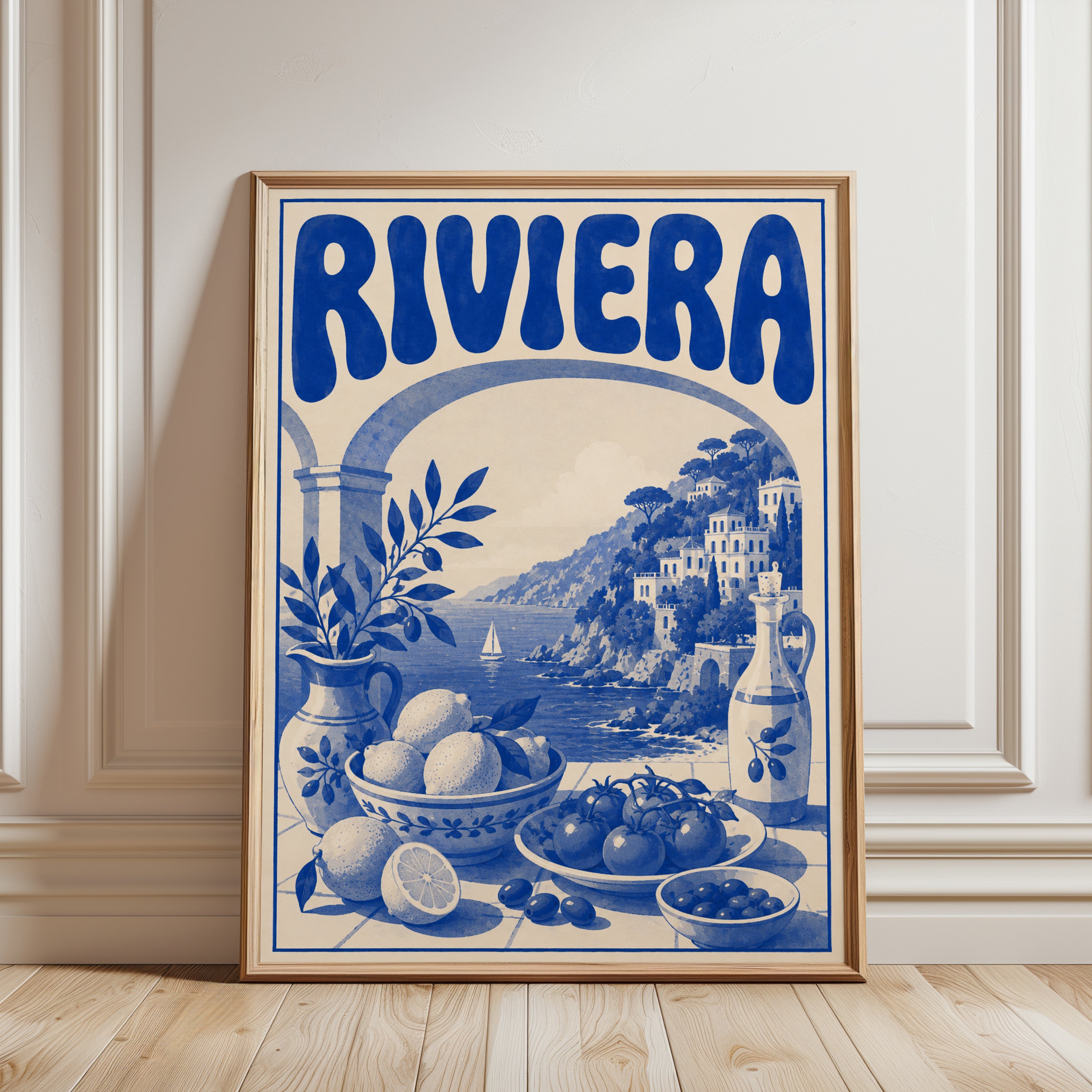 Italian Riviera Wall Art: Vintage Coastal Scene - framed detail