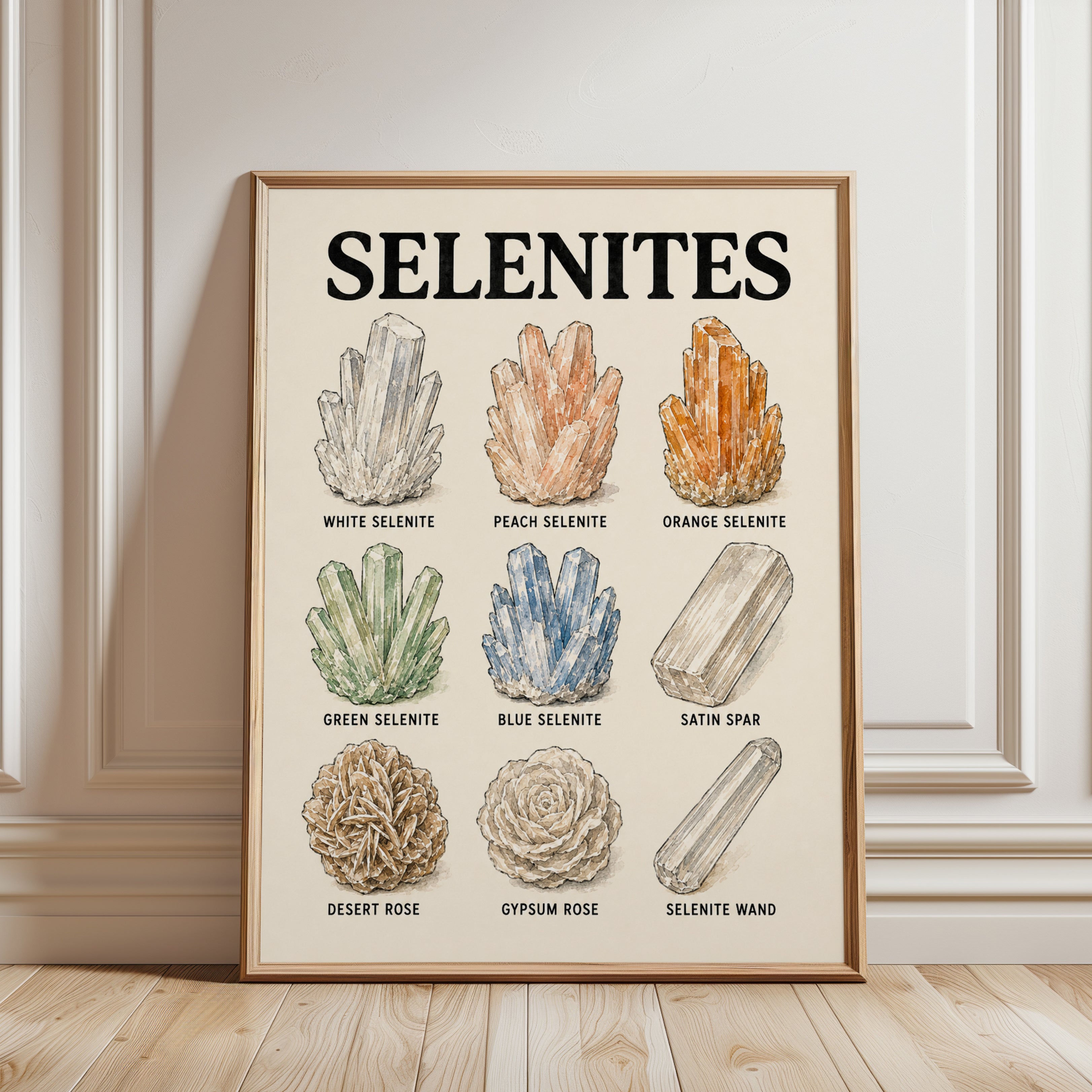 Selenite Crystal Chart Print — Educational Mineral Illustration - framed detail