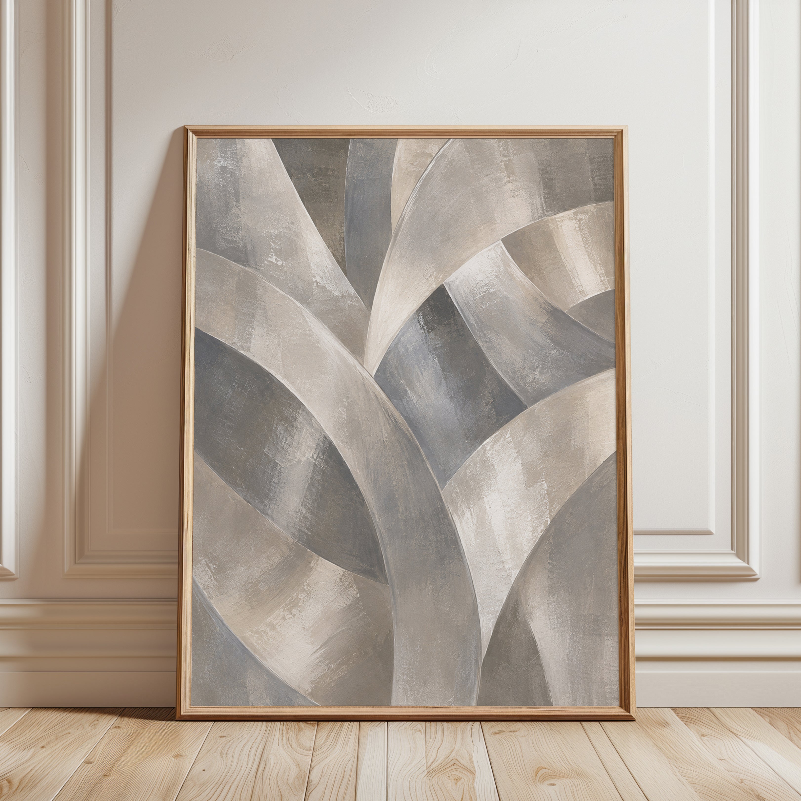 Abstract Curved Ribbons Wall Art: Neutral Beige and Gray Forms - framed detail