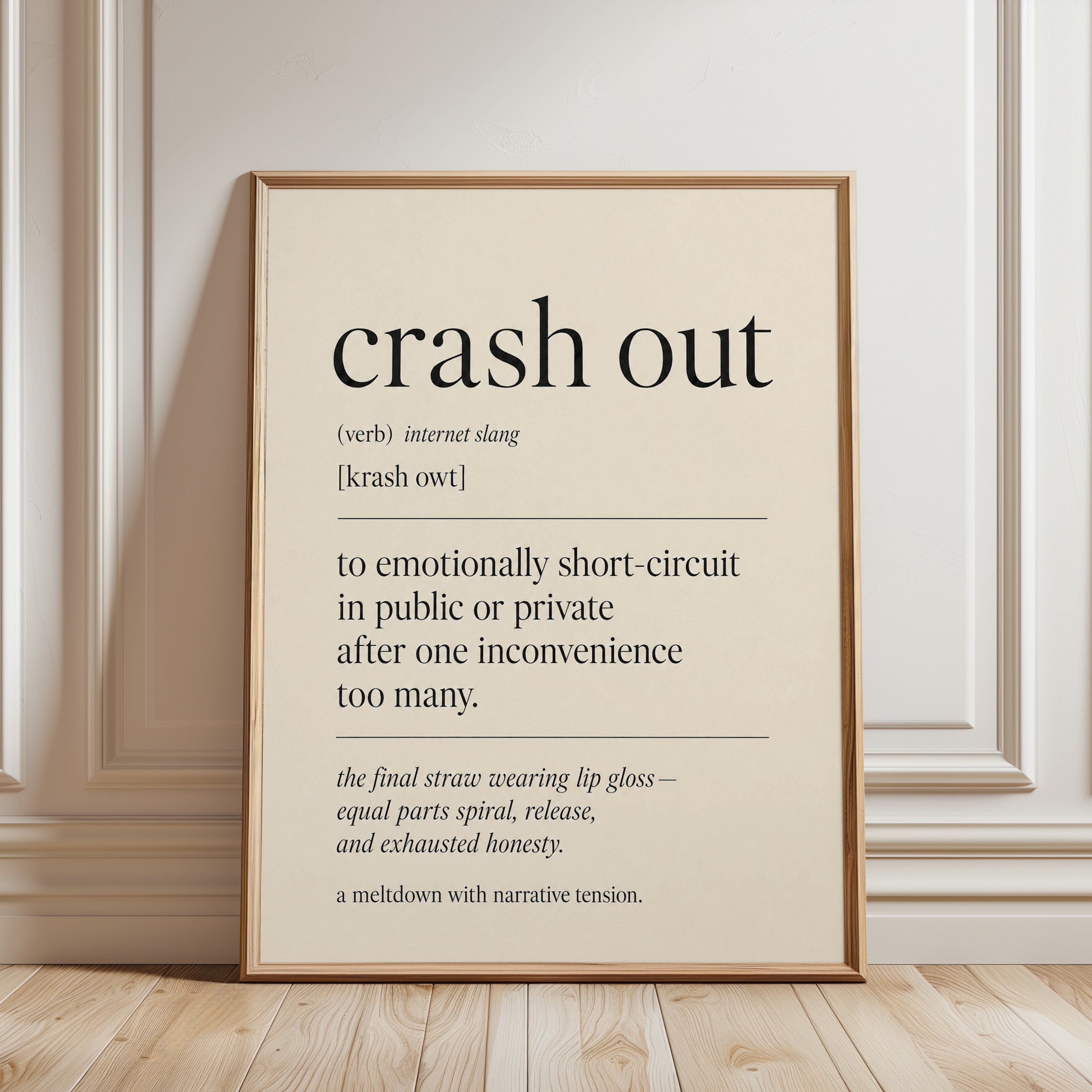 Crash Out Definition Print: Modern Typography Wall Art - framed detail