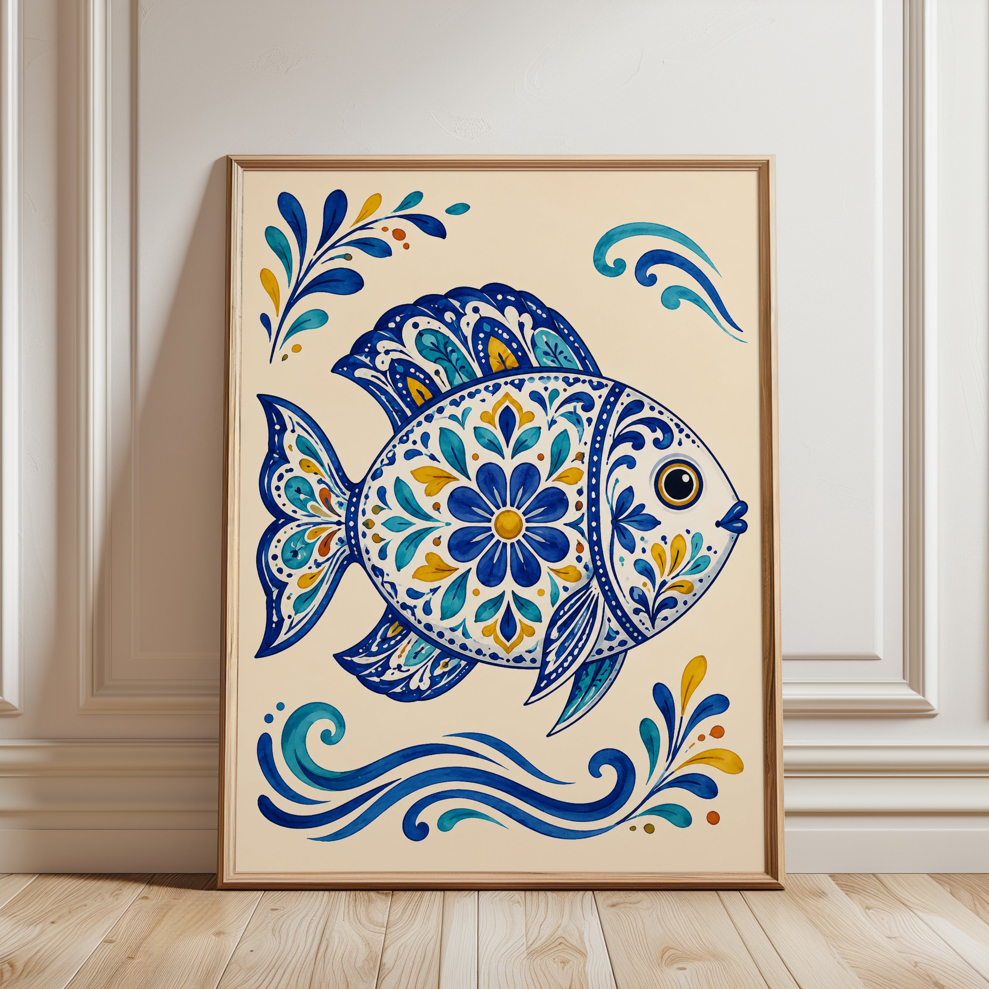 Folk Art Fish Print – Blue Coastal Wave Decor - framed detail