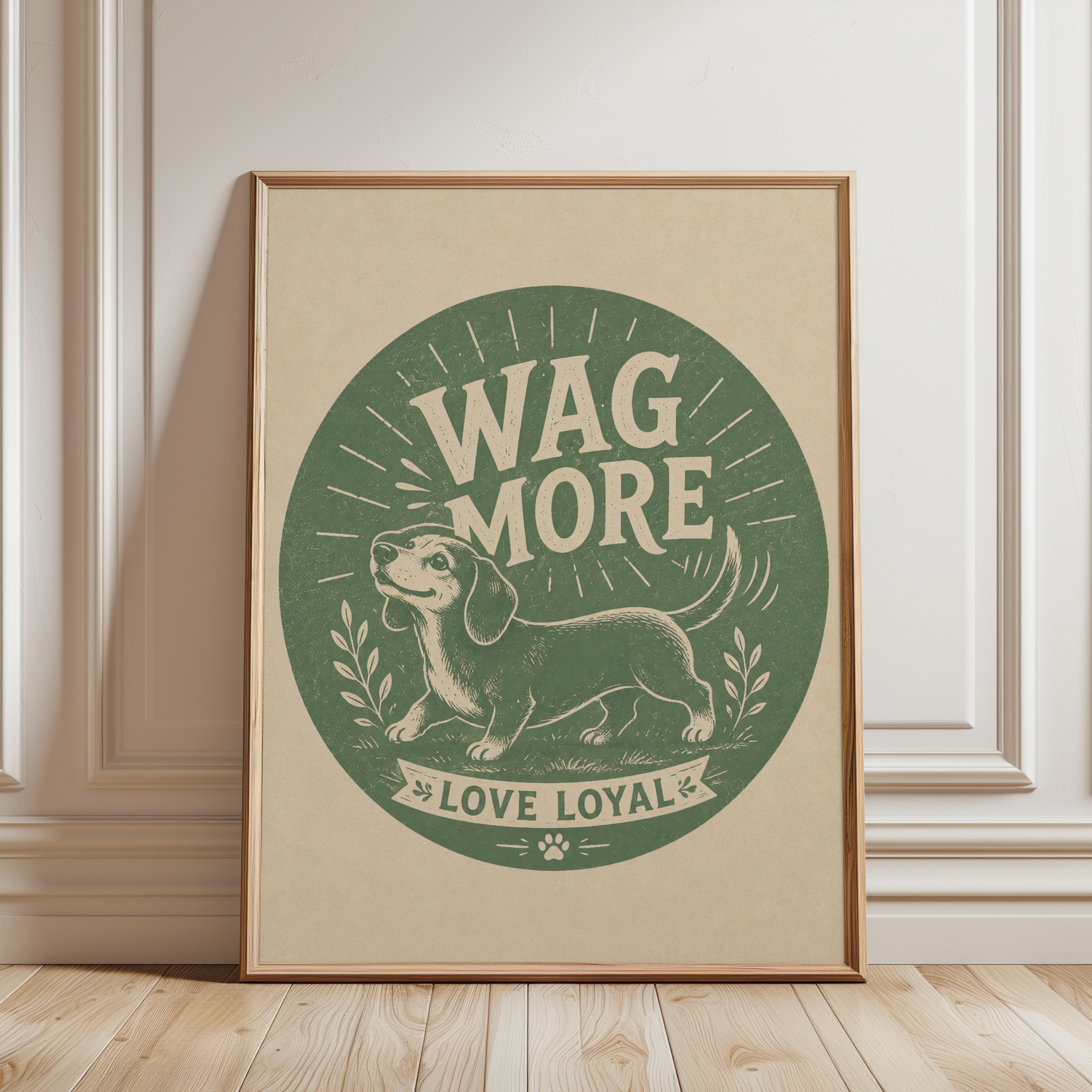 Wag More Dachshund Print: Vintage Green Dog Poster - framed detail