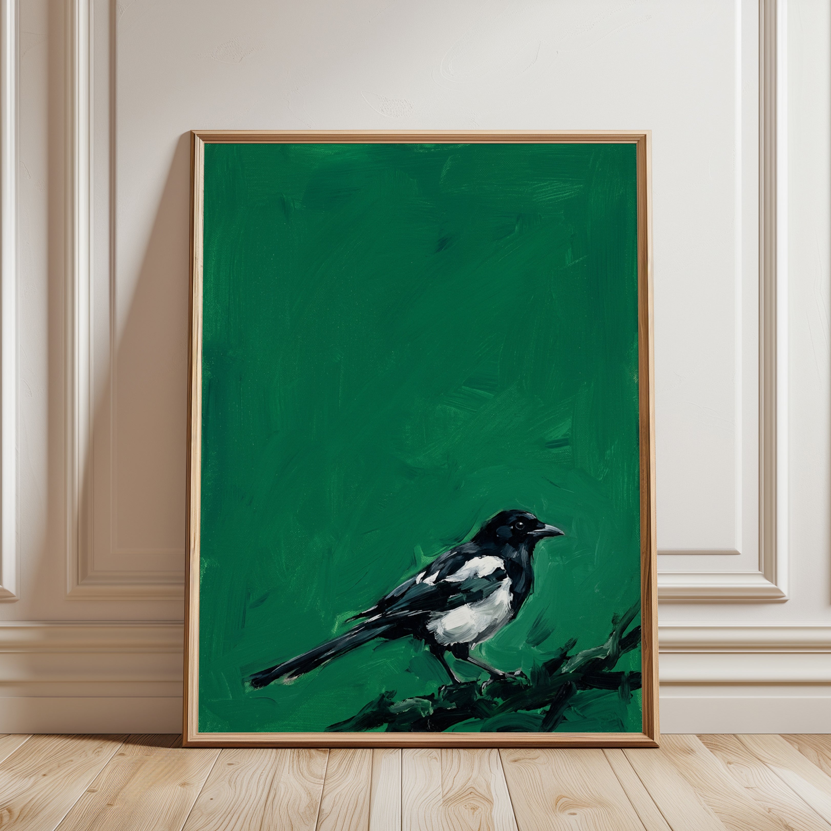 Magpie Bird Painting — Expressive Black & White on Green - framed detail