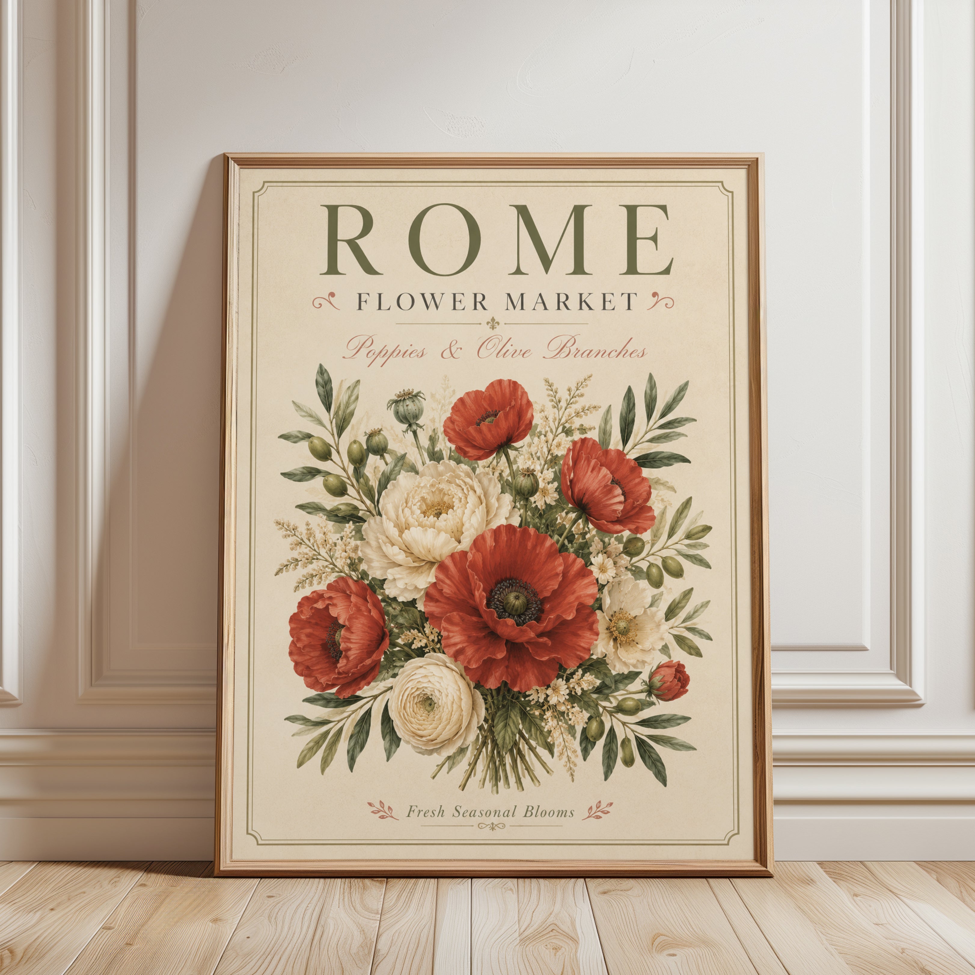 Vintage Botanical Print — Rome Flower Market Poppies & Olive Branches - framed detail