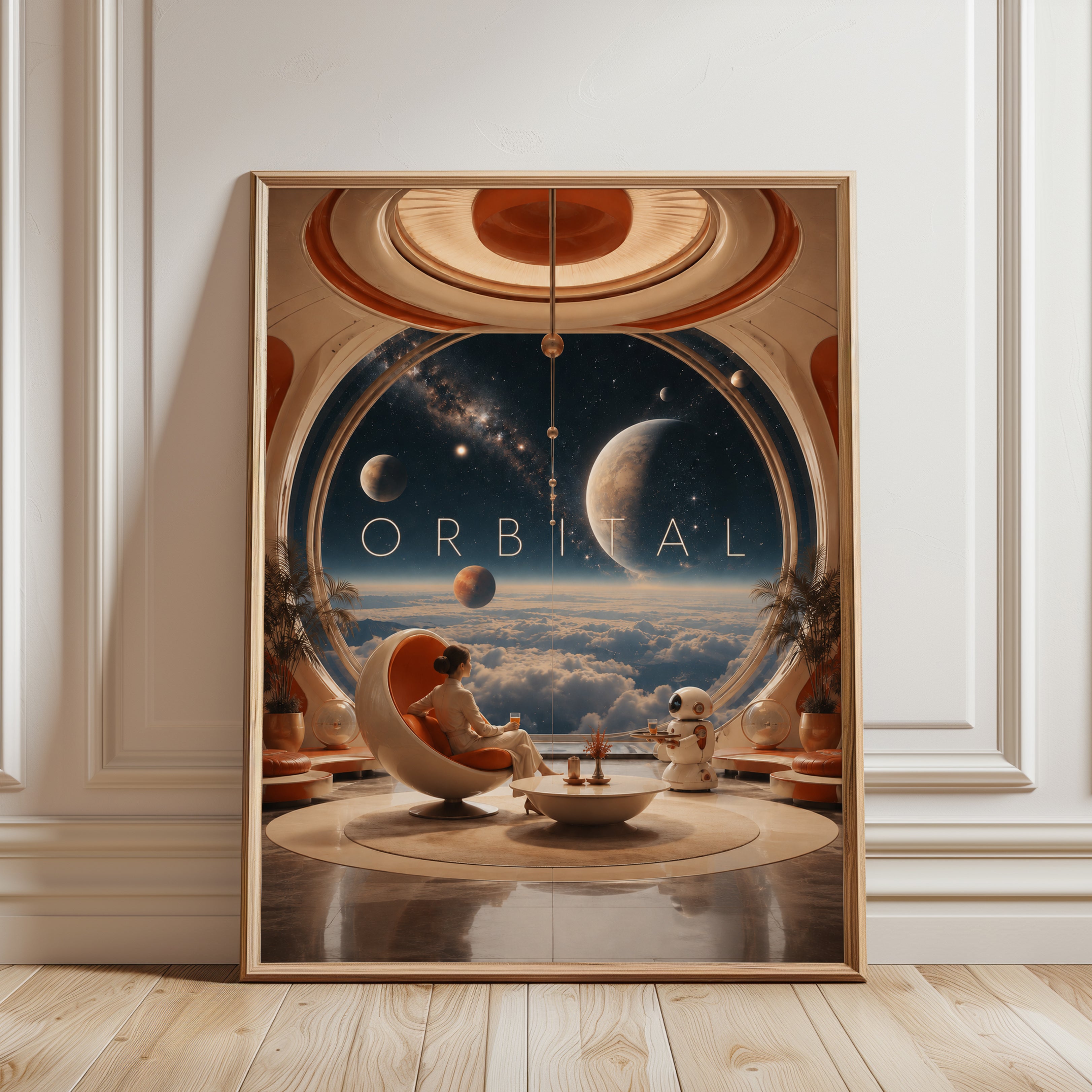 Orbital Space Lounge Art Print: Retro Futuristic Interior Design - framed detail