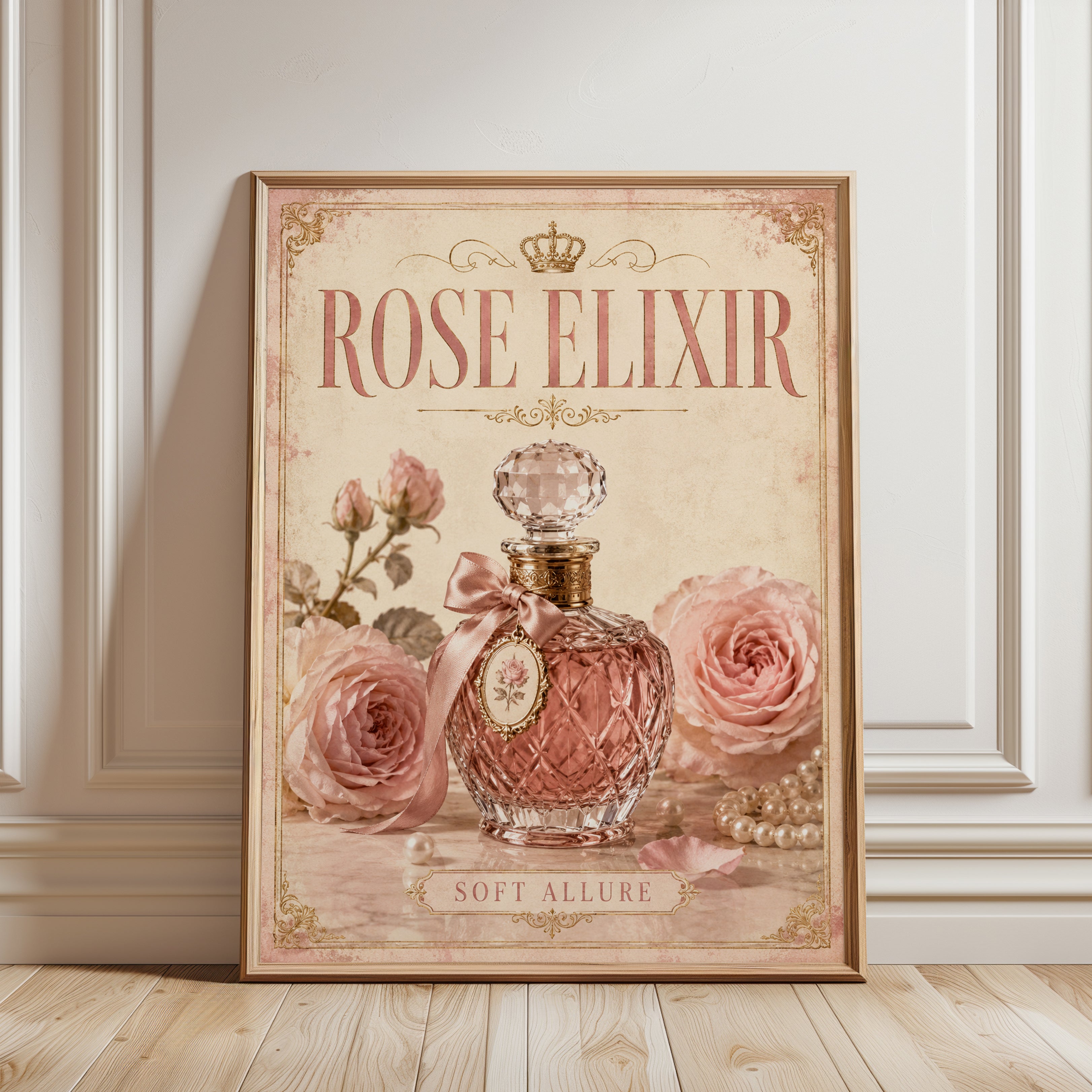 Vintage Perfume Bottle Print — Rose Elixir French Advertisement - framed detail