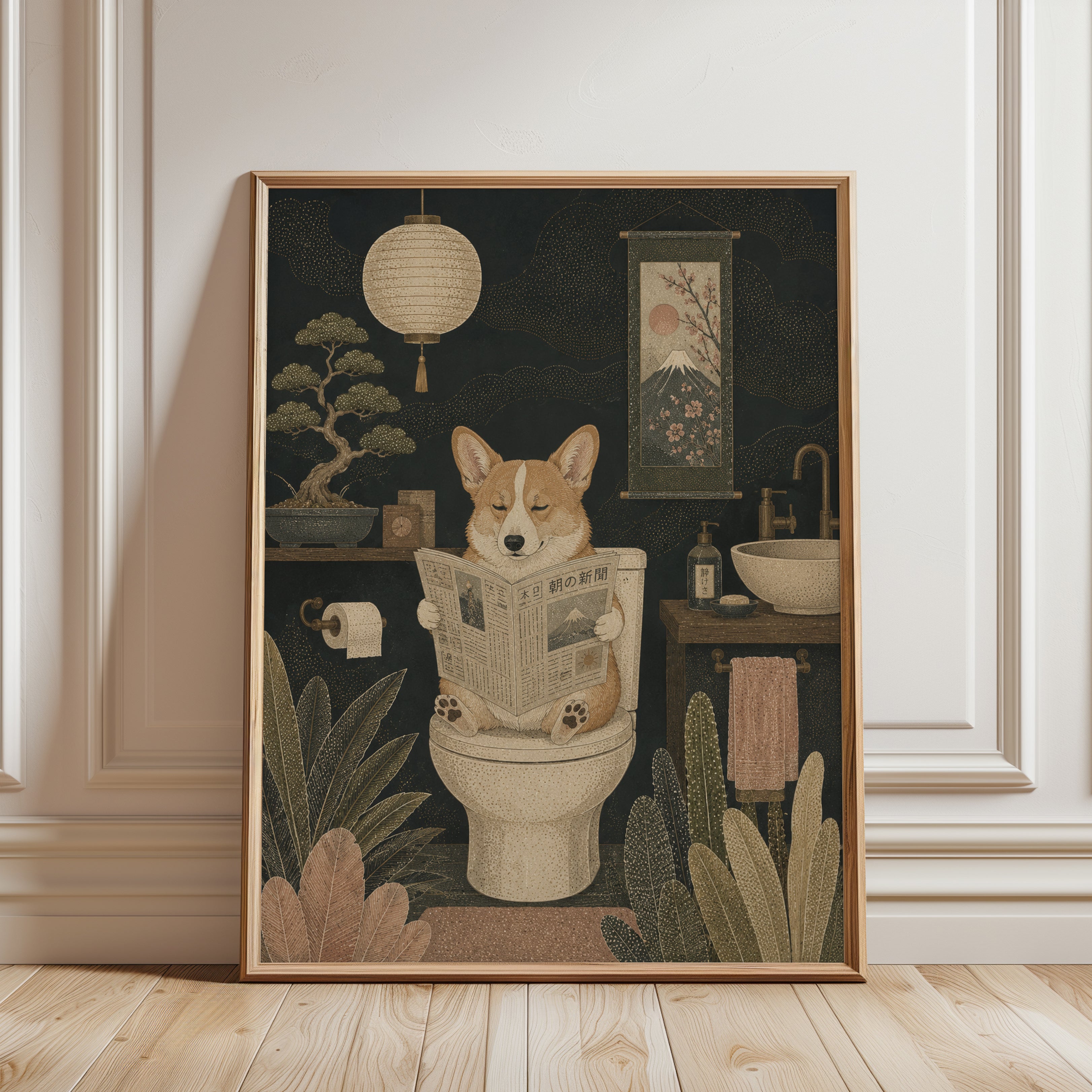Corgi Reading Newspaper Bathroom Art - framed detail