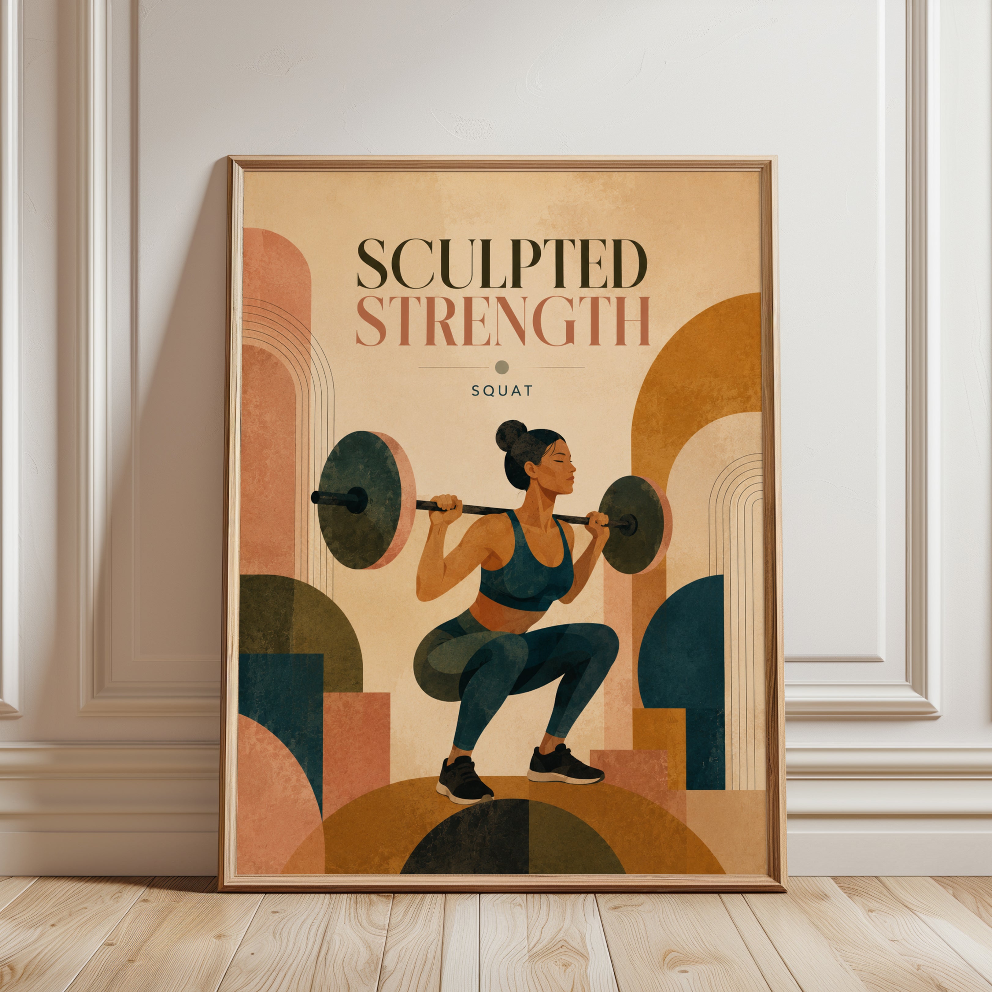 Sculpted Strength Squat Poster: Art Deco Fitness Wall Art - framed detail