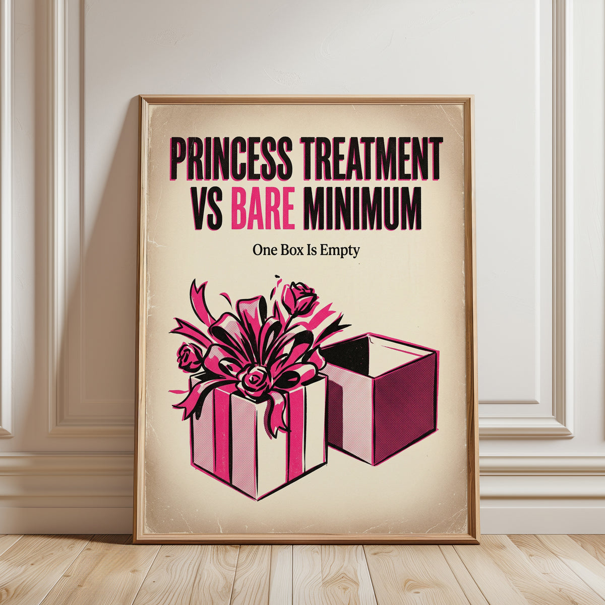 Princess Treatment Vintage Poster: Retro Pink Gift Box Wall Art - framed detail