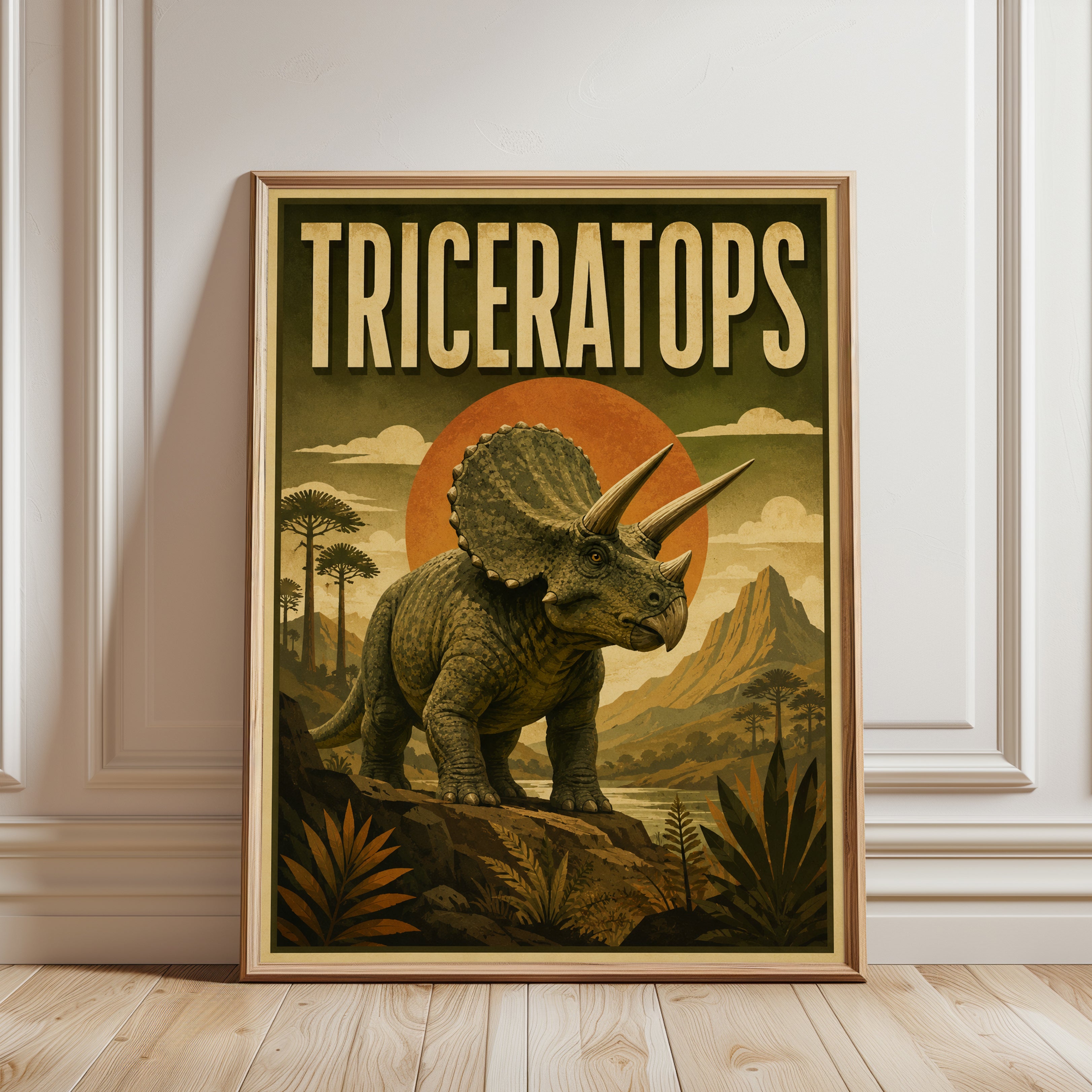 Dinosaur Wall Art: Triceratops Vintage Poster - framed detail