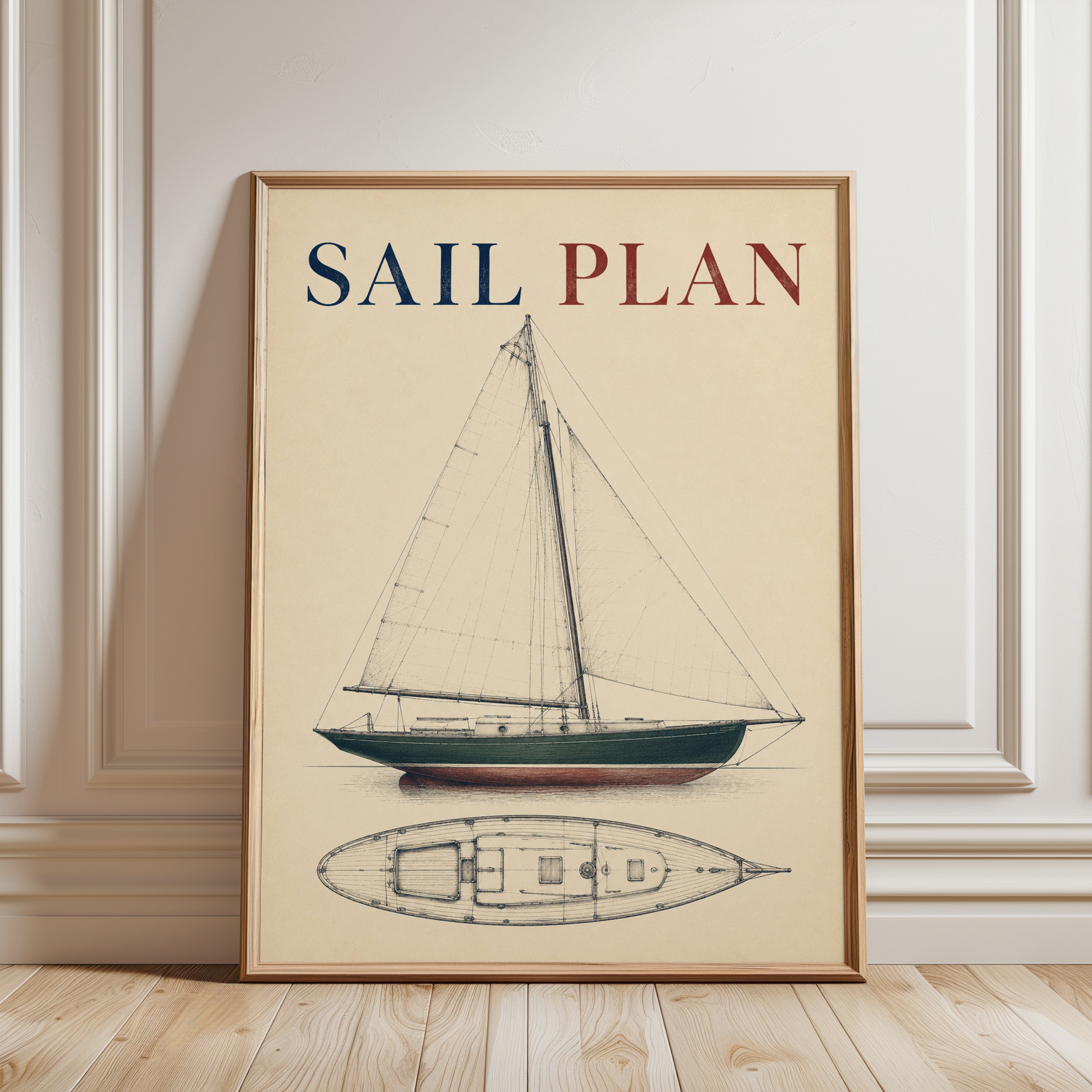 Sailboat Wall Art – Nautical Print - framed detail