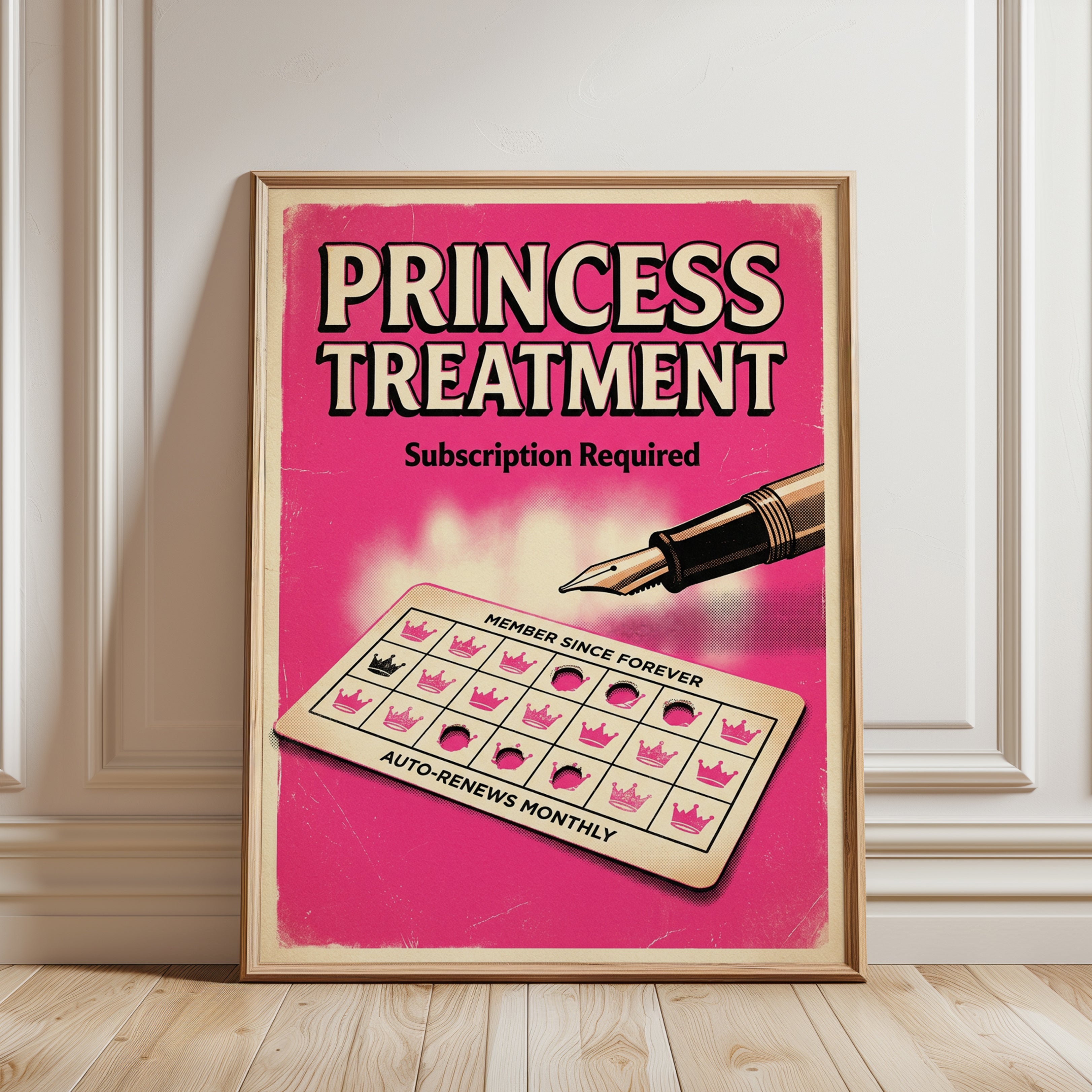 Princess Treatment Retro Wall Art: Pink Satirical Pop Art Poster - framed detail