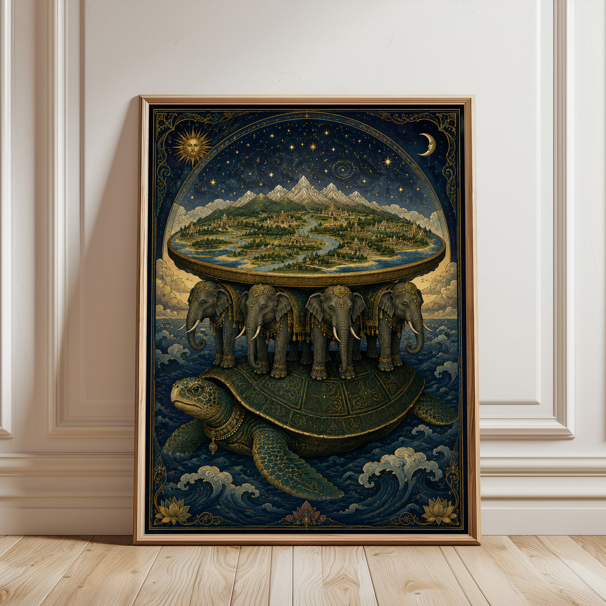 World Turtle Mythology Print: Flat Earth Design - framed detail