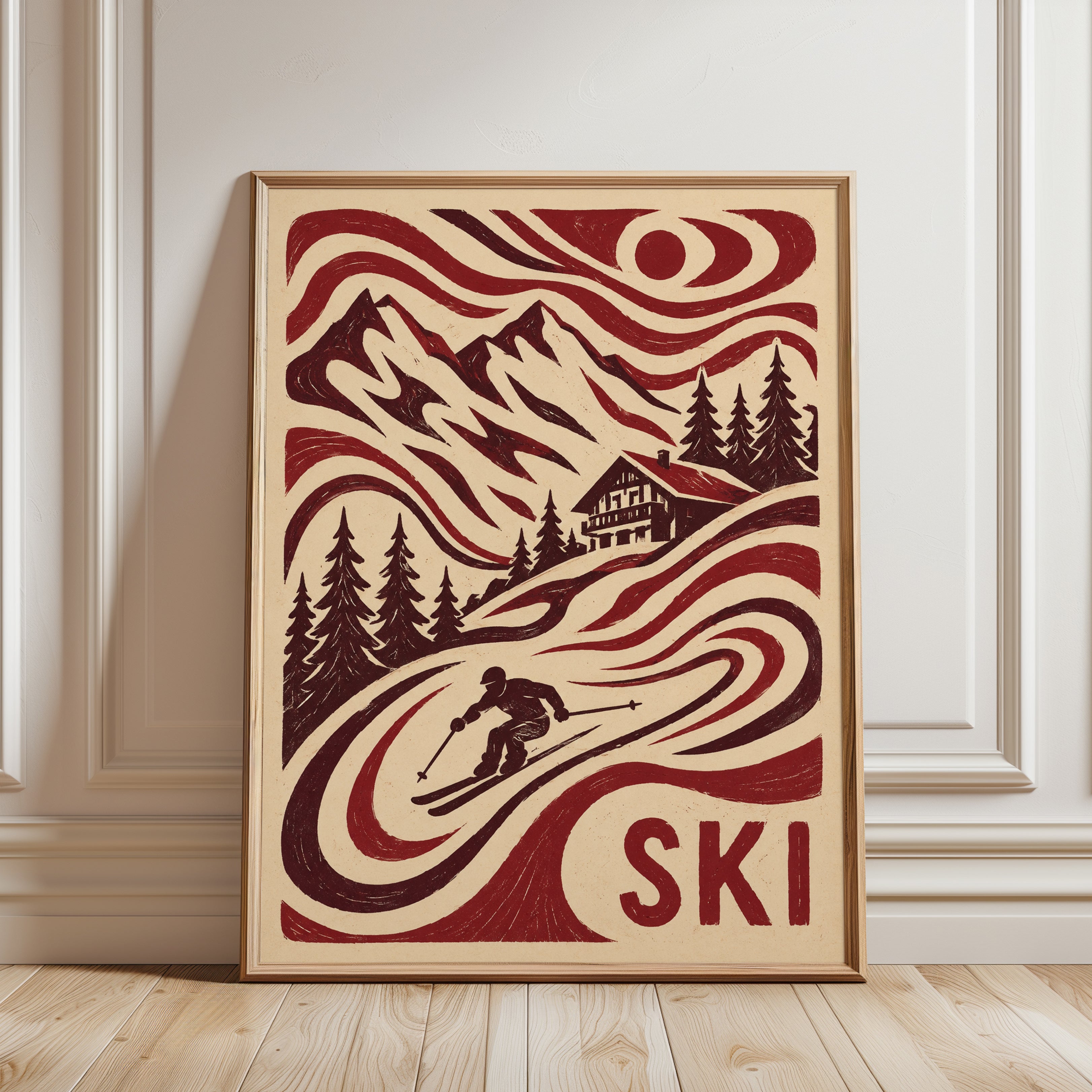 Vintage Ski Poster – Retro Mountain Print - framed detail