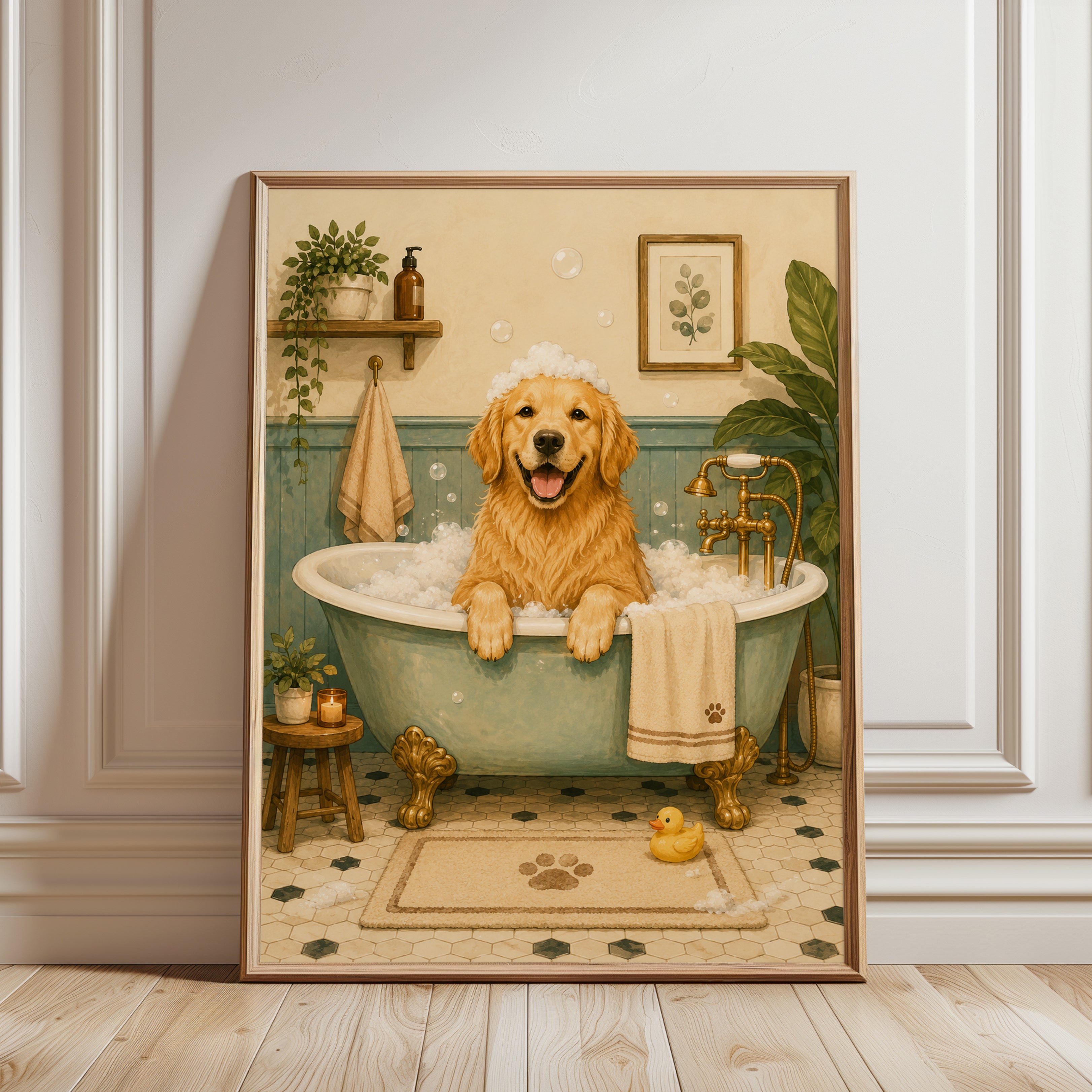 Golden Retriever Bathroom Wall Art - framed detail