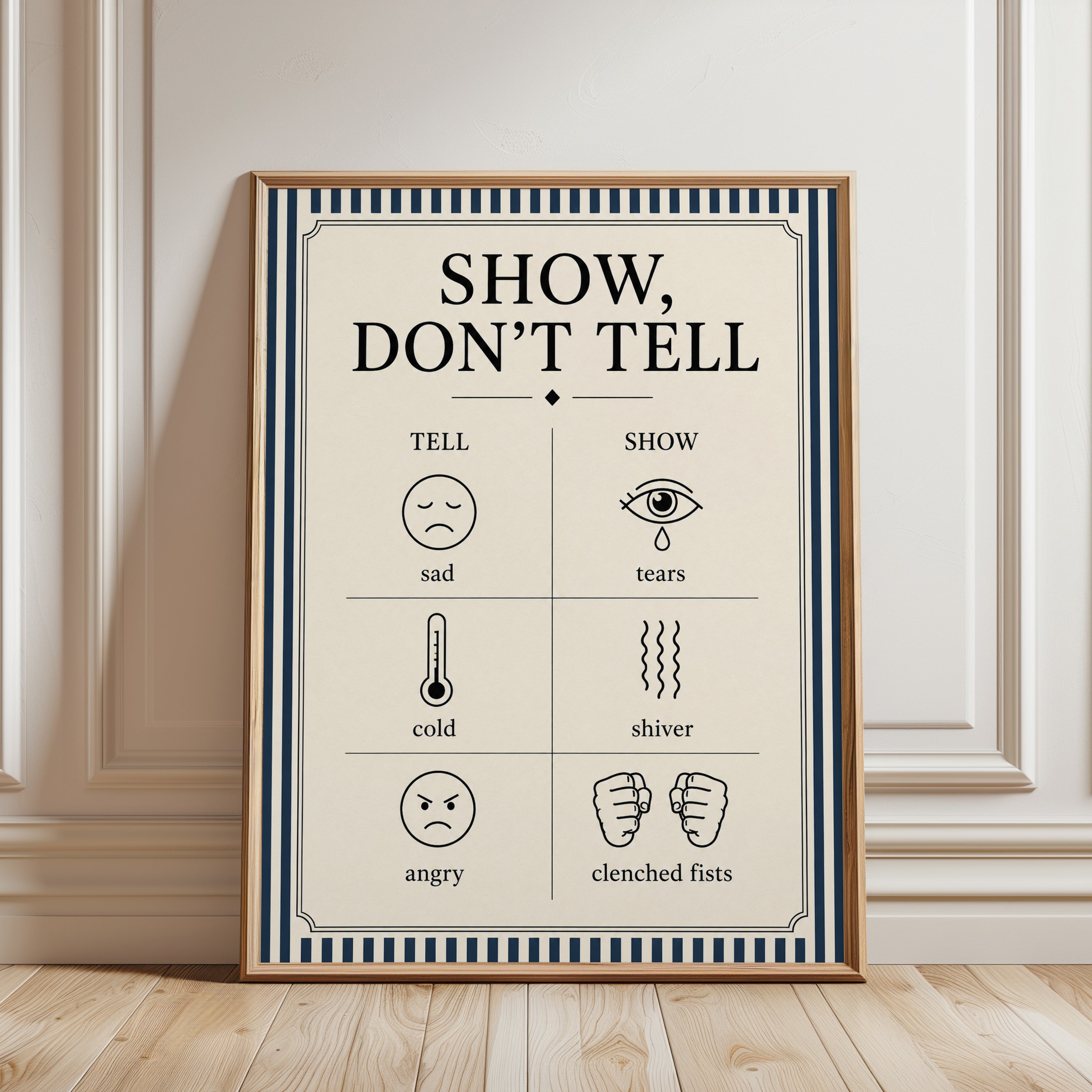 Show Don't Tell Writing Guide: Vintage Educational Poster - framed detail