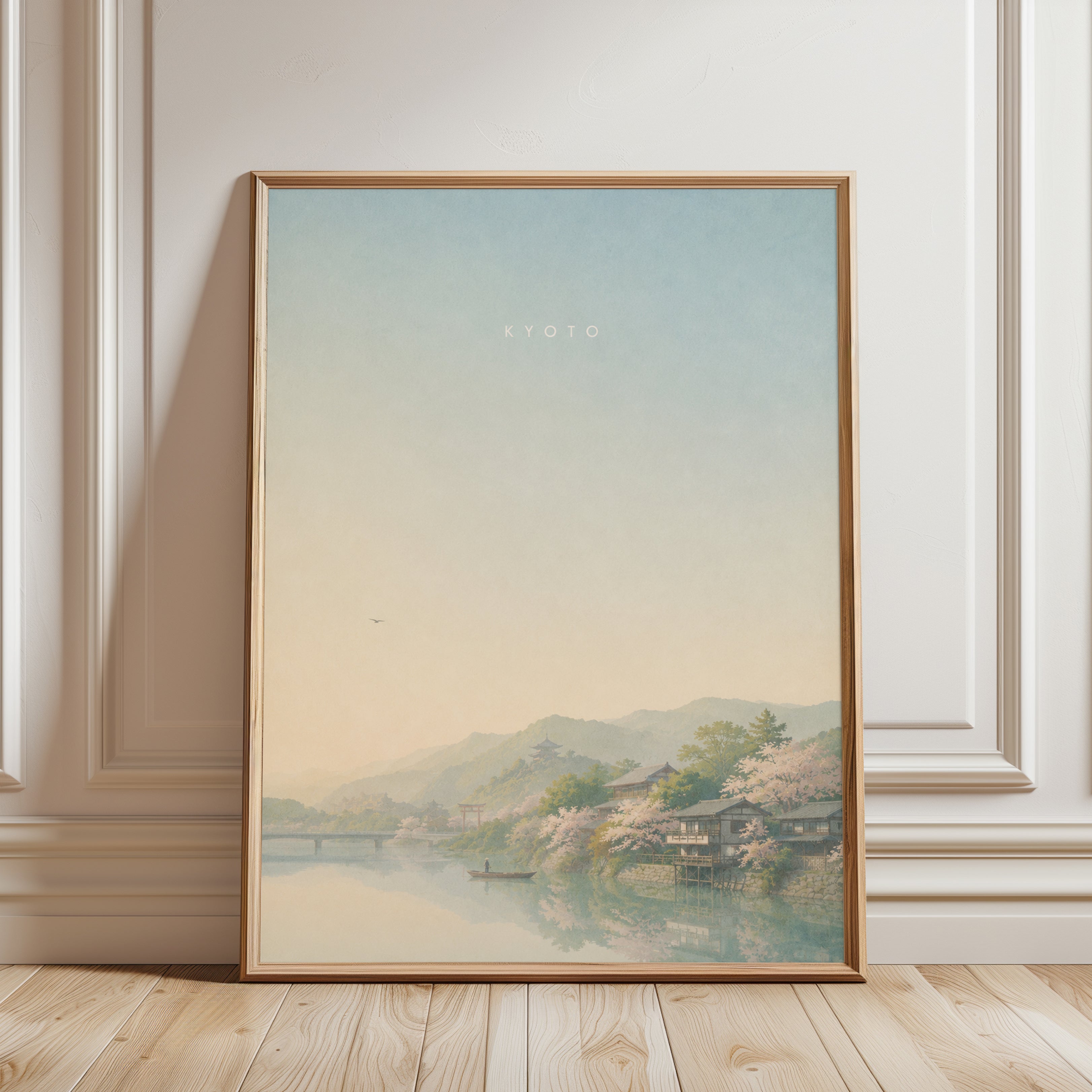 Kyoto Cherry Blossom Landscape Print: Minimalist Japanese Art - framed detail