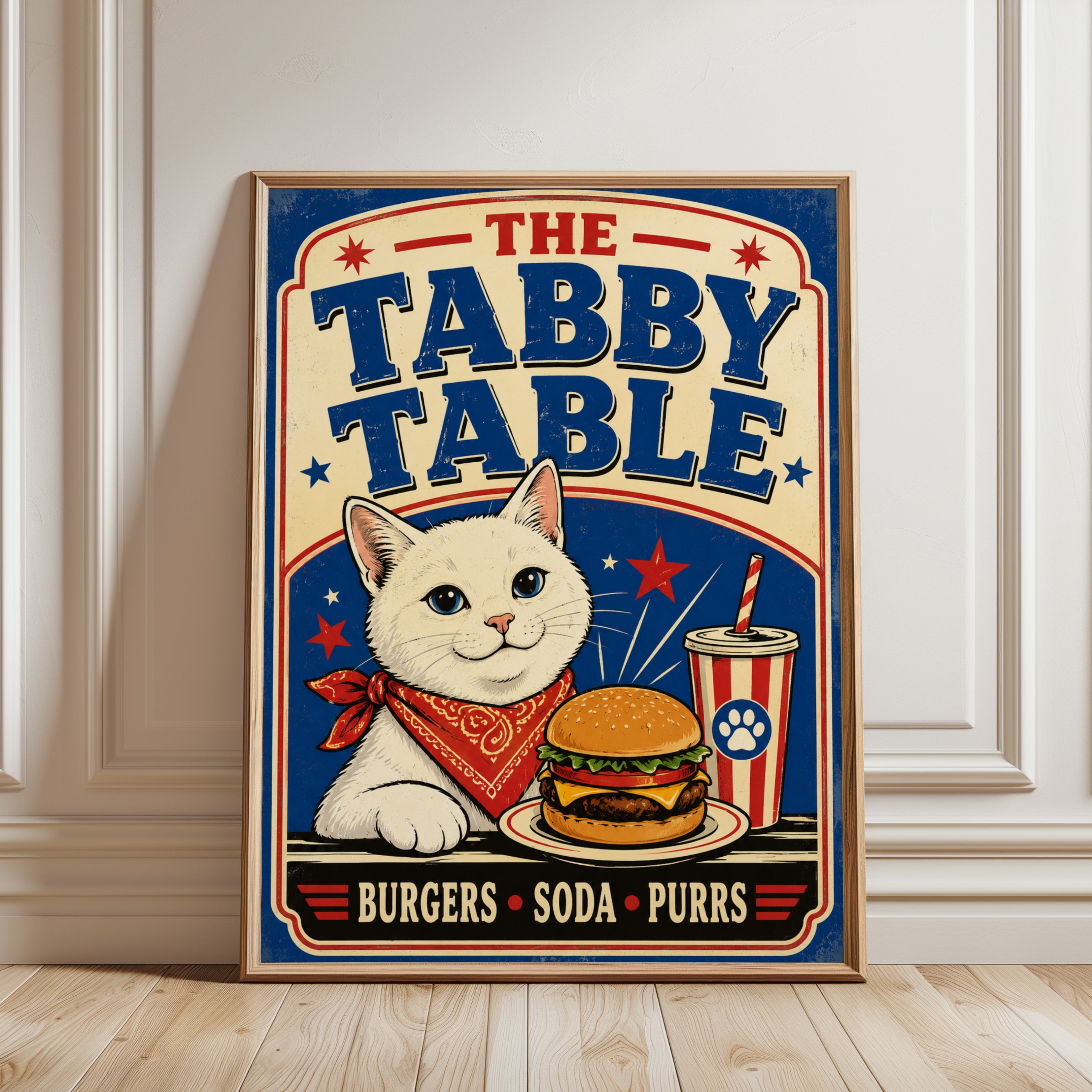 Retro Diner Cat Burger Print - framed detail