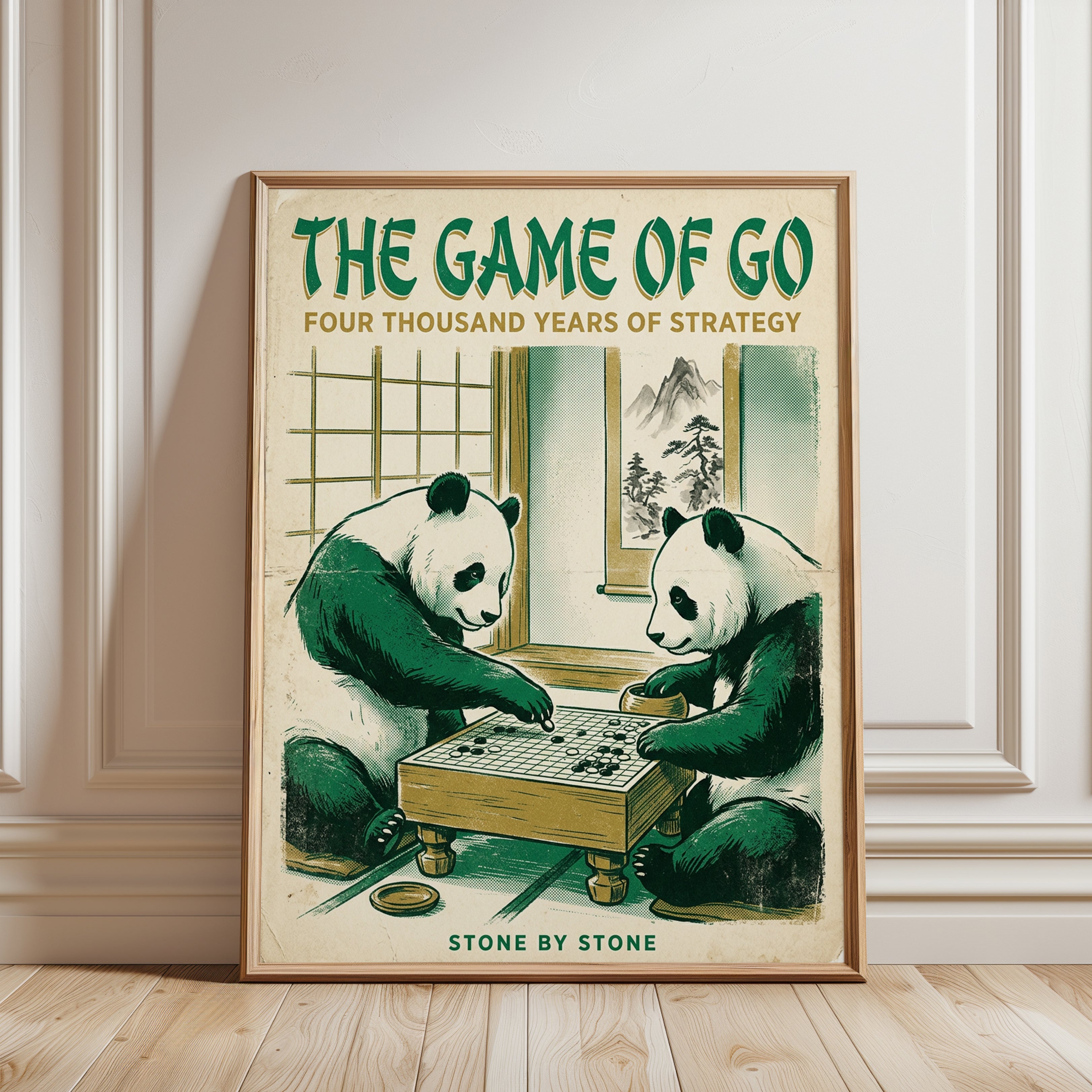 Pandas Playing Go Wall Art: Vintage Asian Game Poster - framed detail