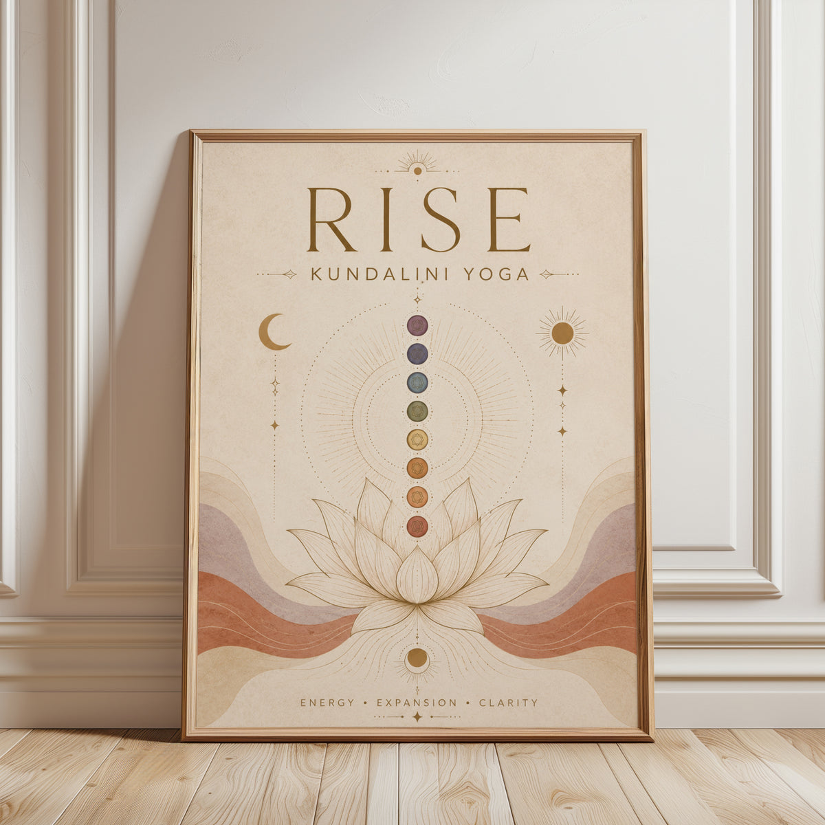 Kundalini Yoga Chakra Print: Lotus & Moon Spiritual Wall Art - framed detail