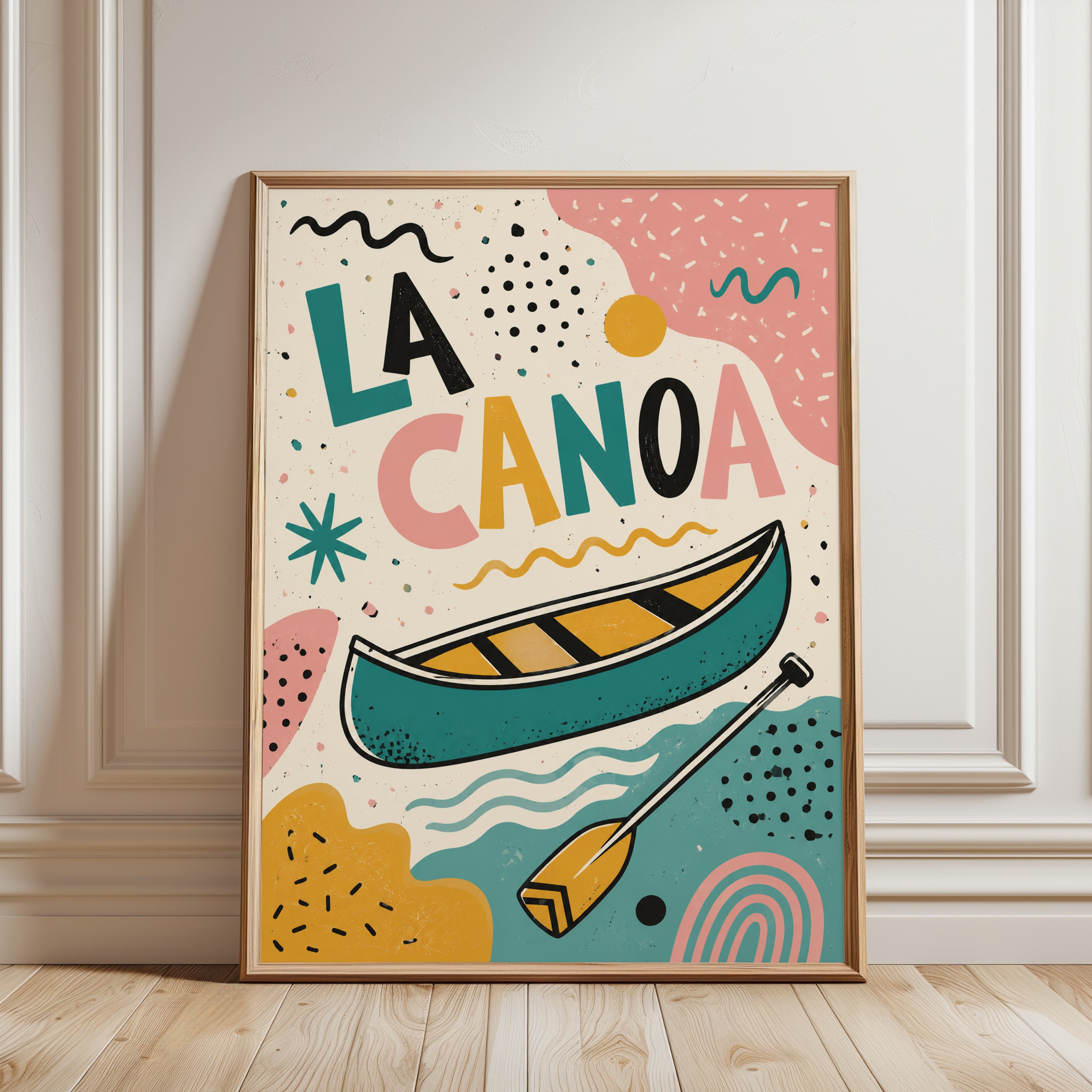 La Canoa Art Print: Mid-Century Modern Teal and Coral Design - framed detail