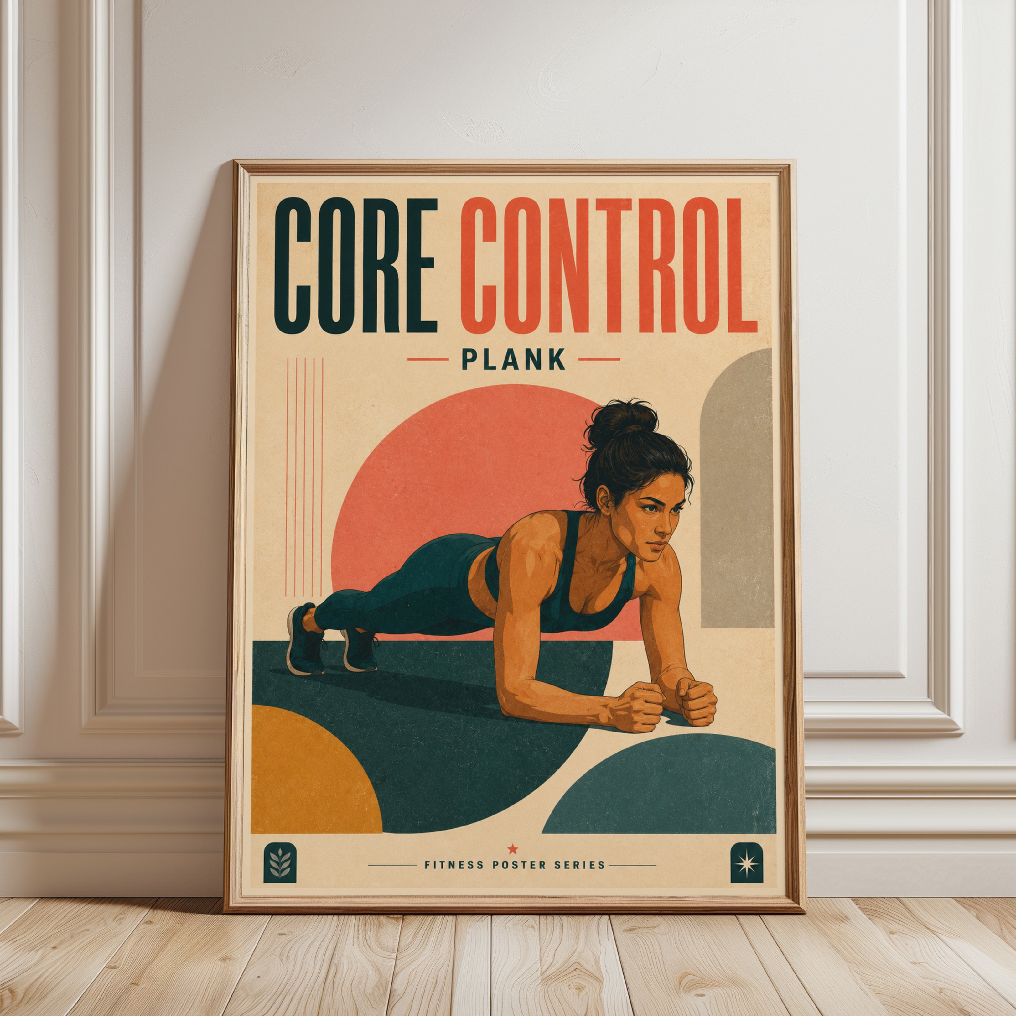 Core Control Plank Poster: Retro Fitness Art Print - framed detail