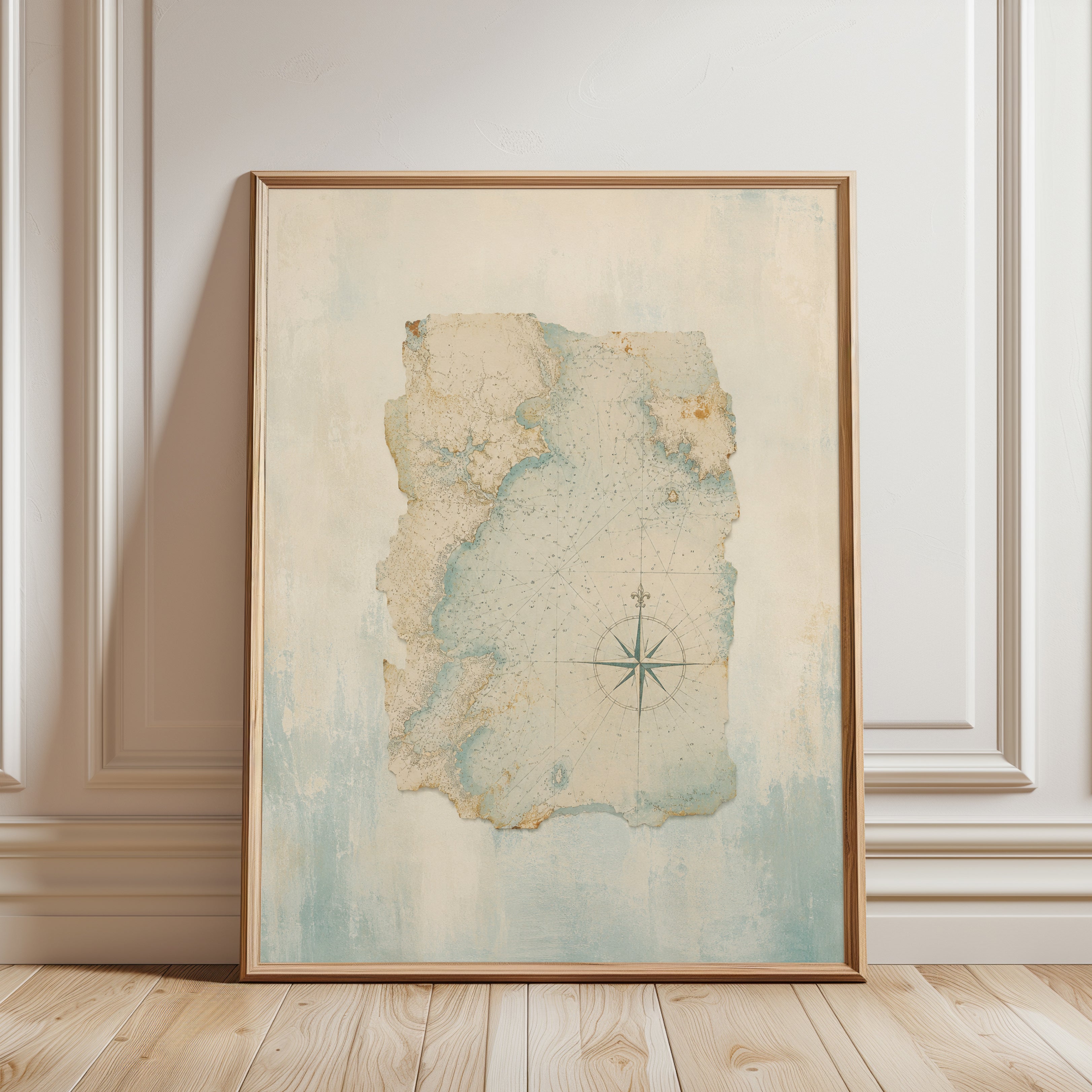 Vintage Nautical Map Wall Art: Weathered Compass Rose Print - framed detail