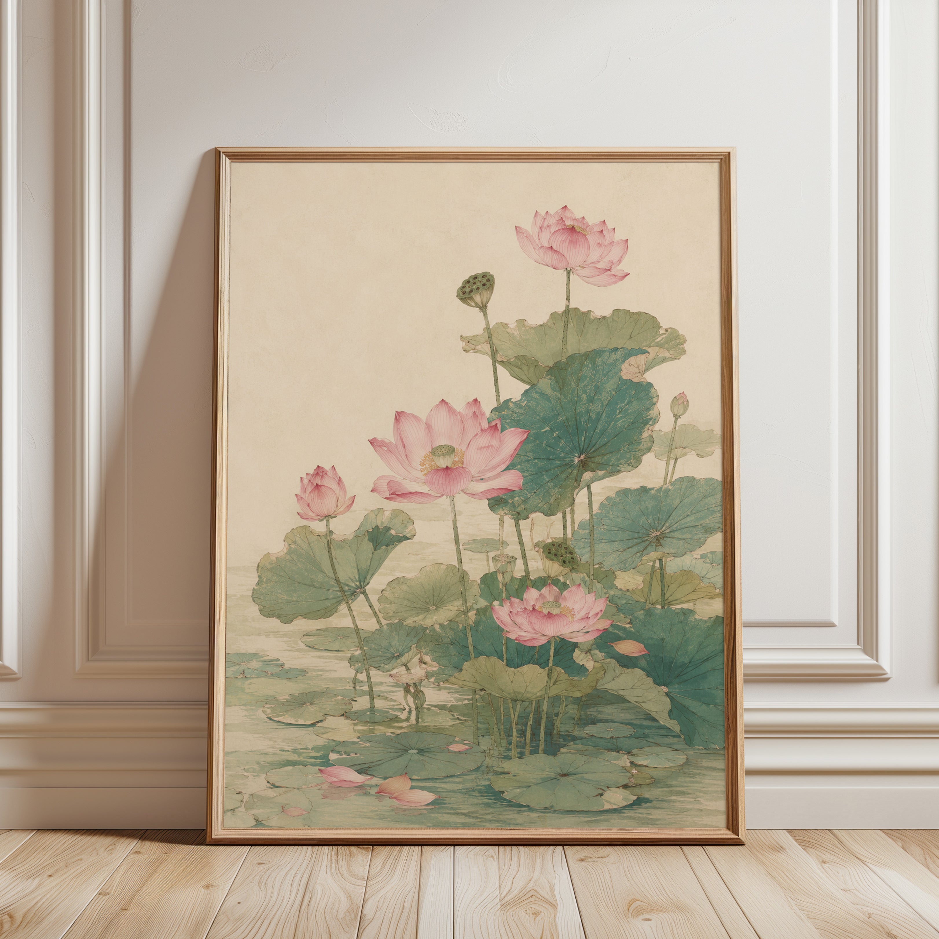 Pink Lotus Flowers Art Print: Vintage Botanical Watercolor - framed detail