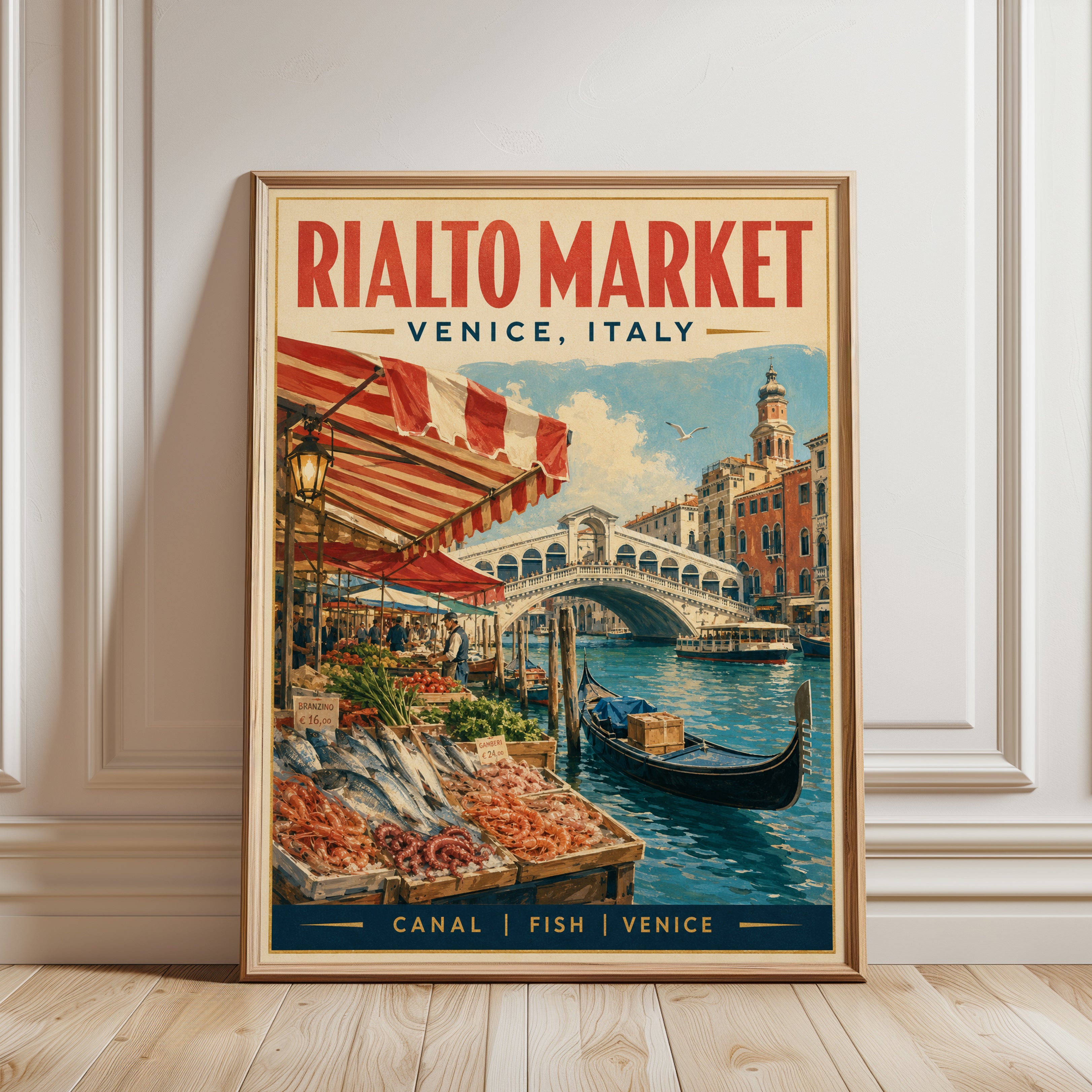 Rialto Market Venice Poster — Vintage Italian Travel Print - framed detail