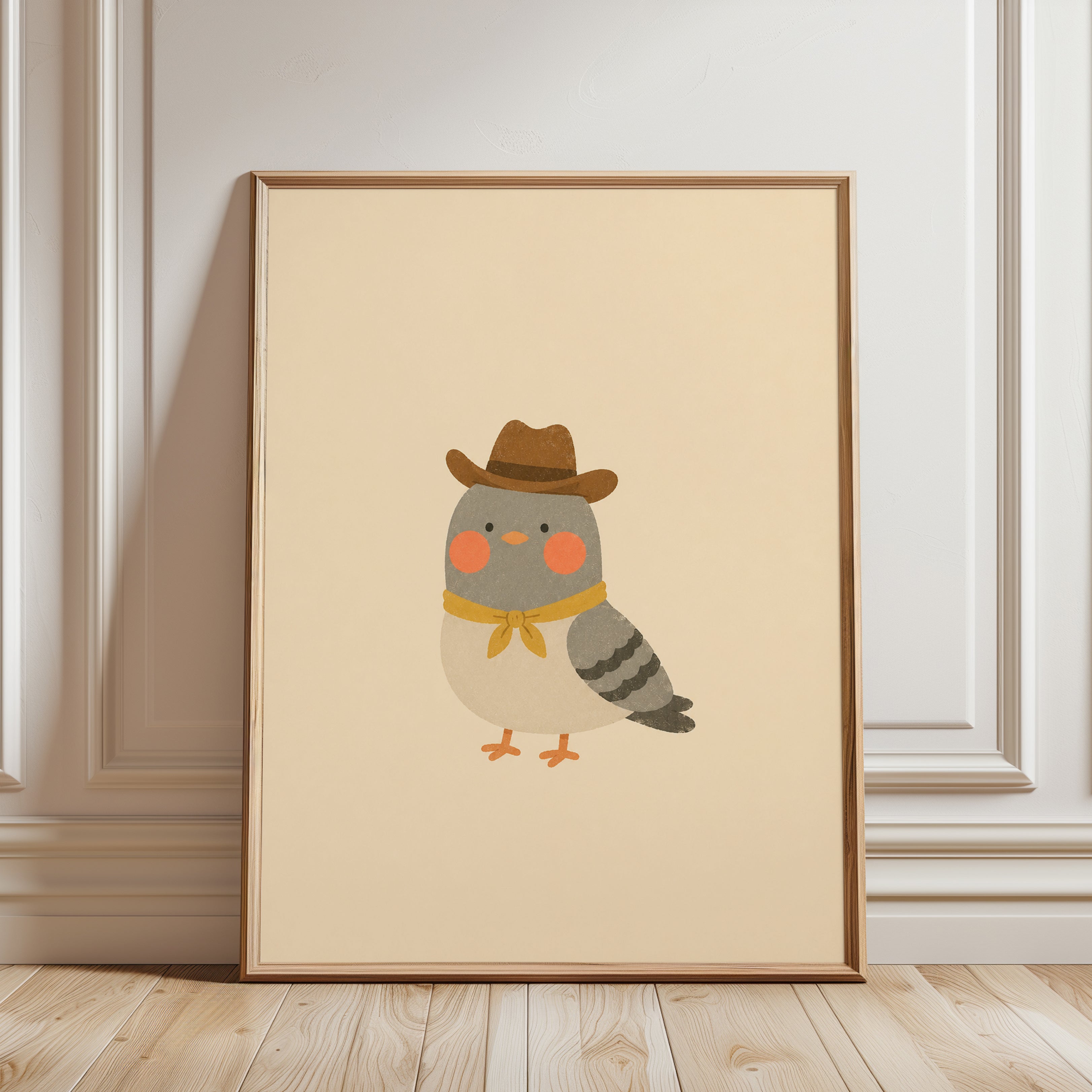 Cowboy Bird Wall Art – Whimsical Nursery Print - framed detail