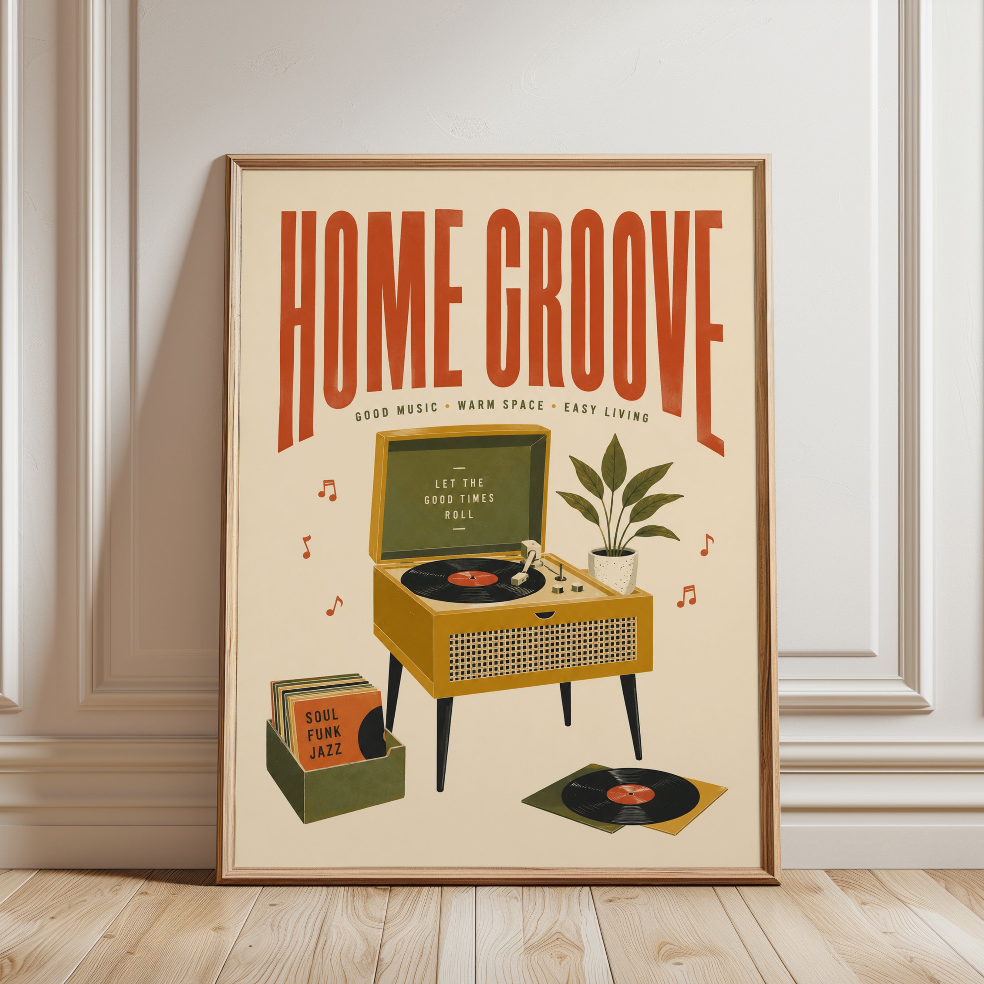 Home Groove Retro Record Player Print: Mid-Century Music Art - framed detail
