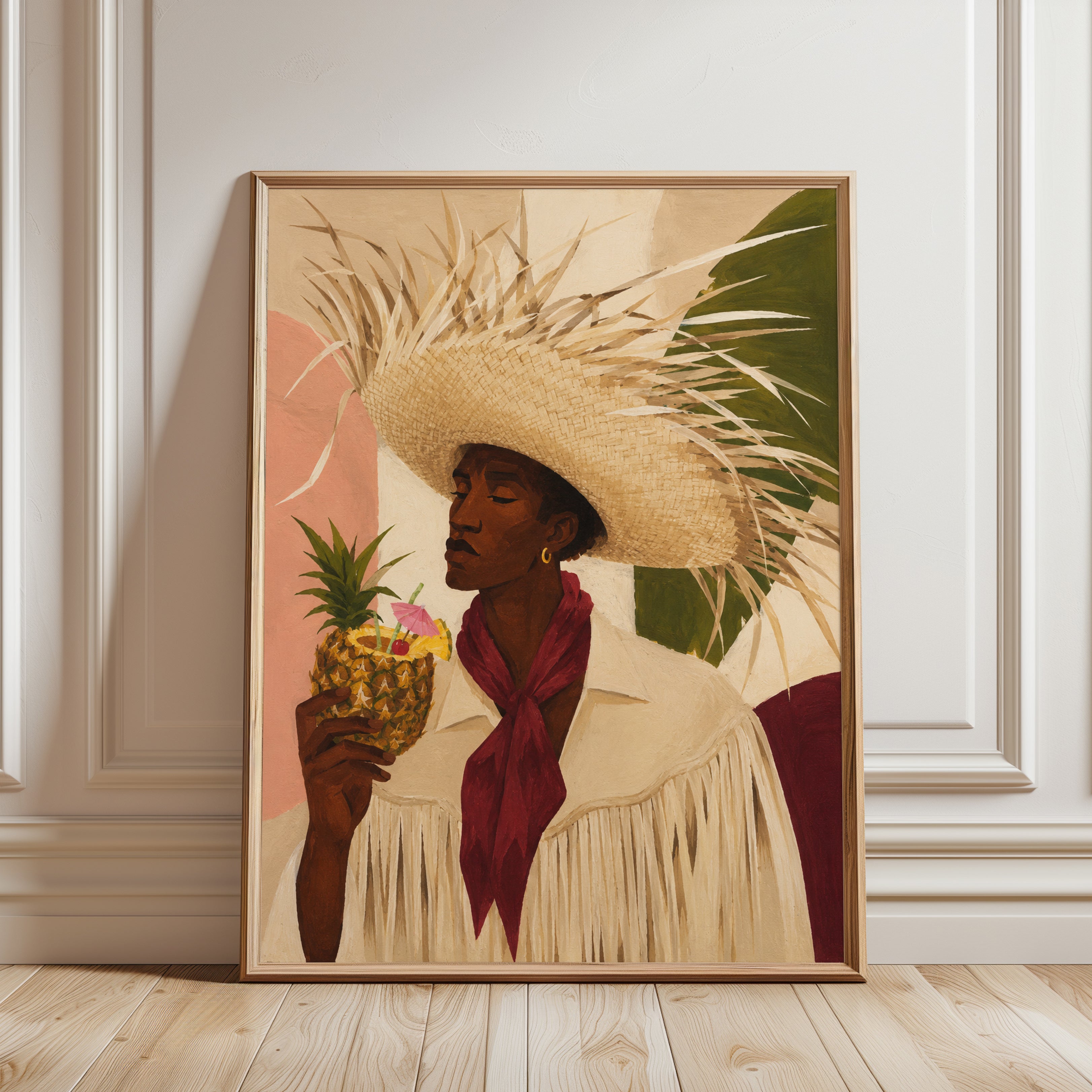Tropical Paradise Portrait: Woman with Pineapple Cocktail Art Print - framed detail