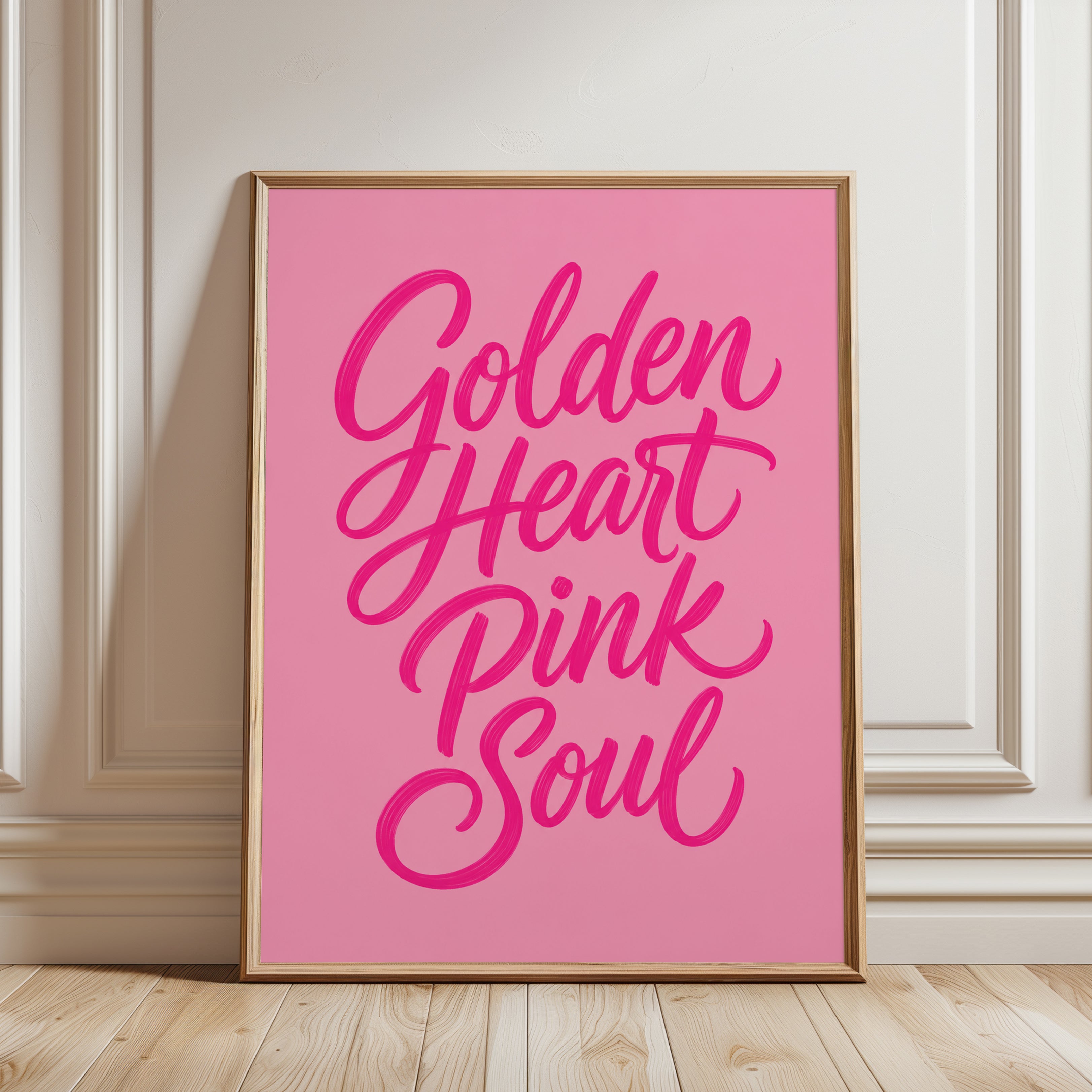 Golden Heart Pink Soul Typography Print: Modern Brush Lettering - framed detail