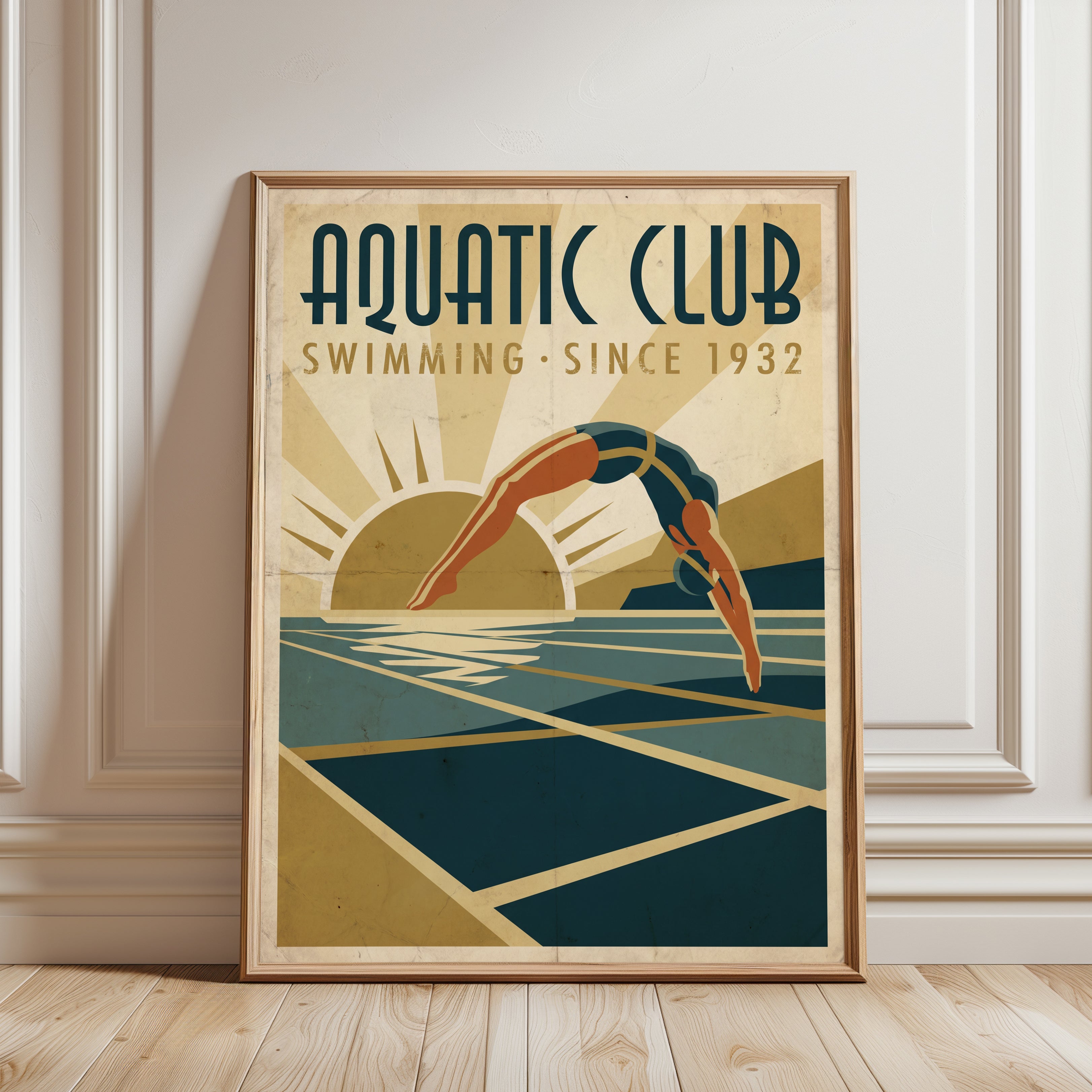 Aquatic Club Diver Poster: Vintage Art Deco Swimming Art Print - framed detail